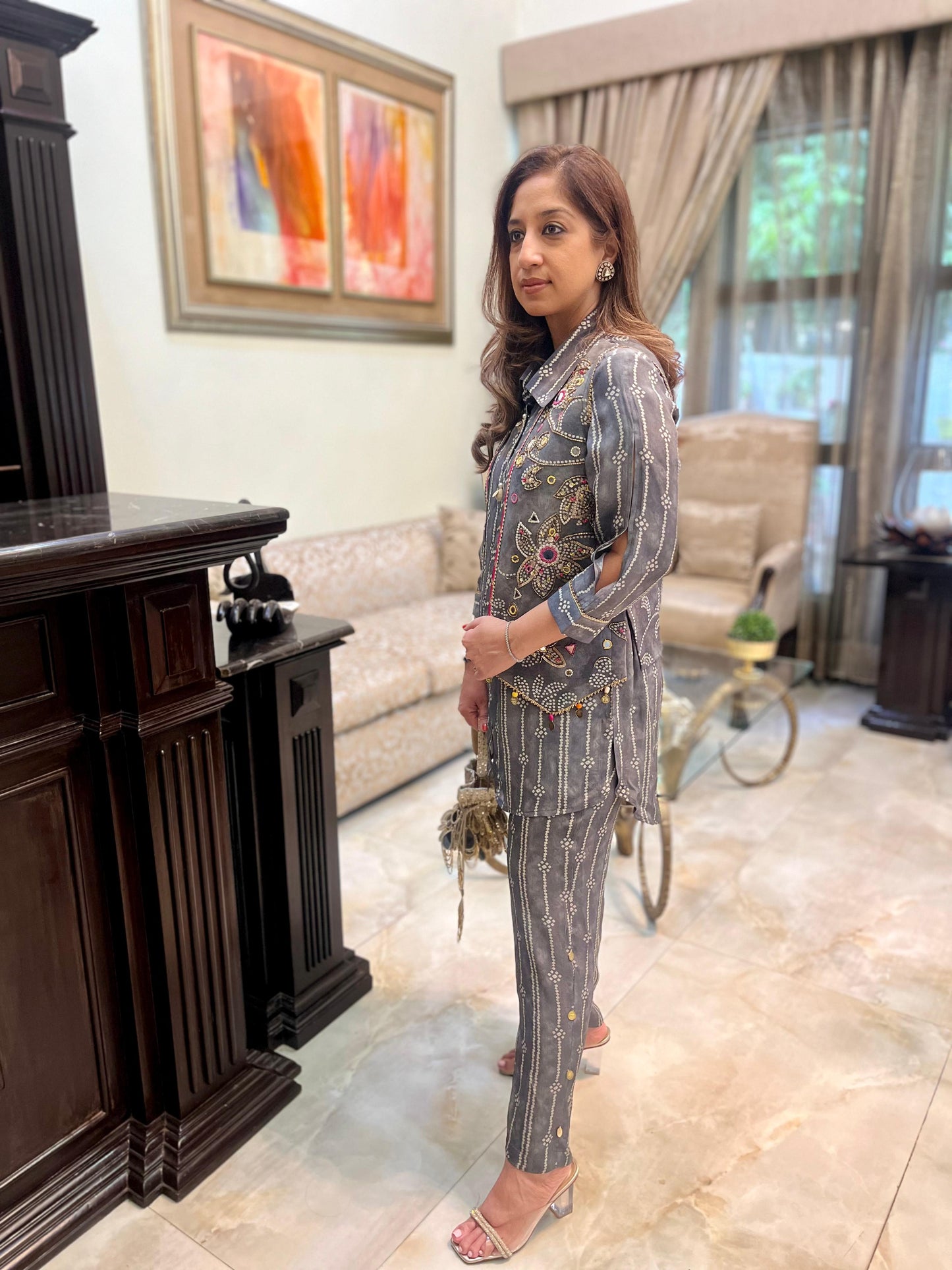 Grey bandhini coord set with collar shirt and pants