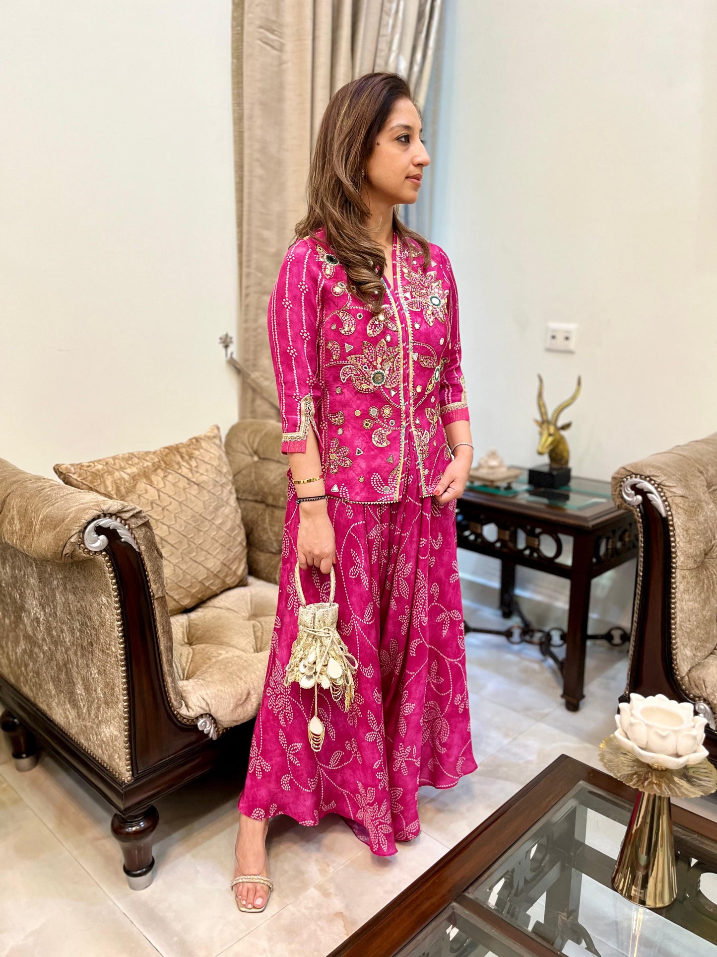 Pink floral bandhini top with stylised drape pants