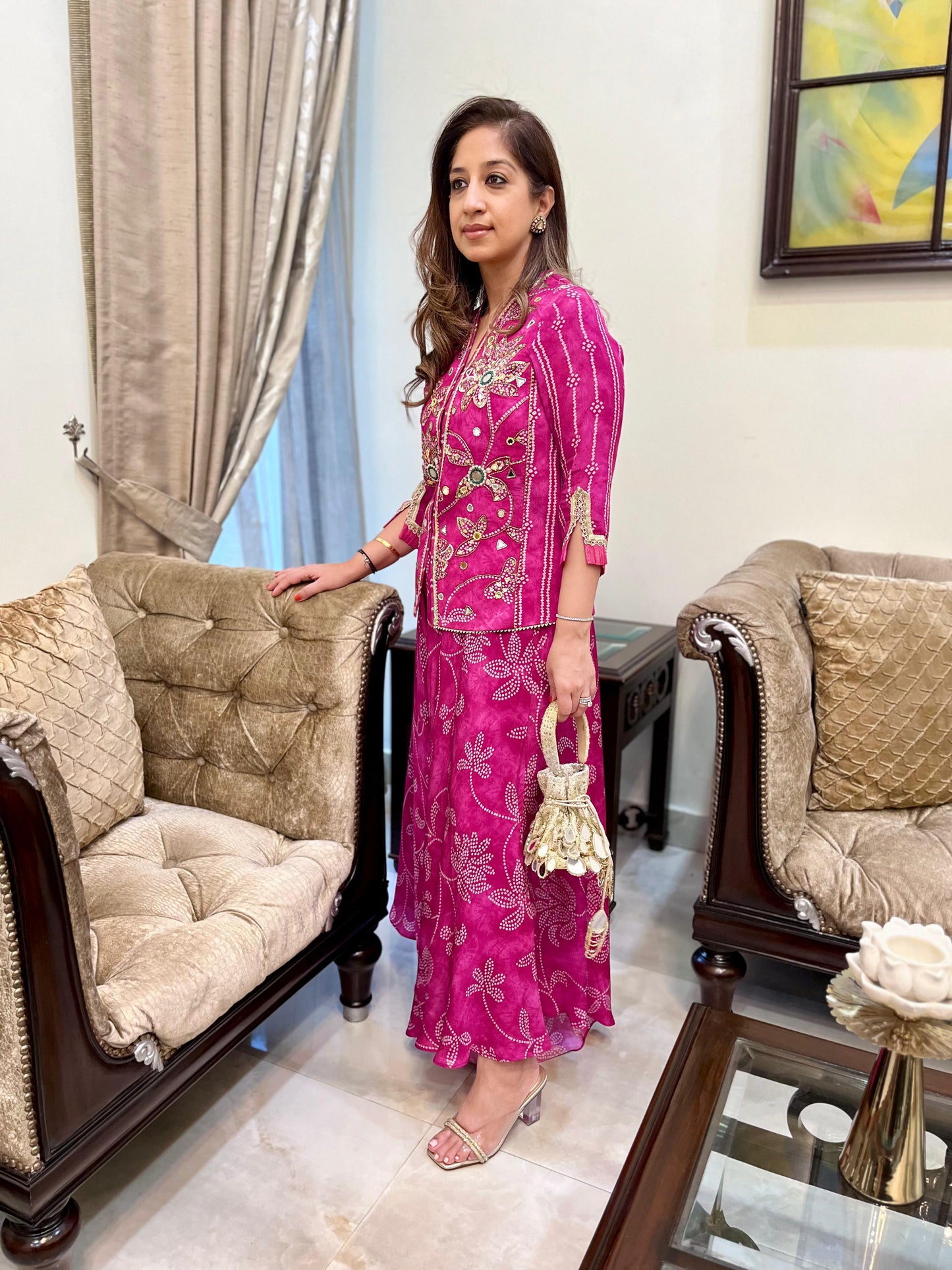 Pink floral bandhini top with stylised drape pants