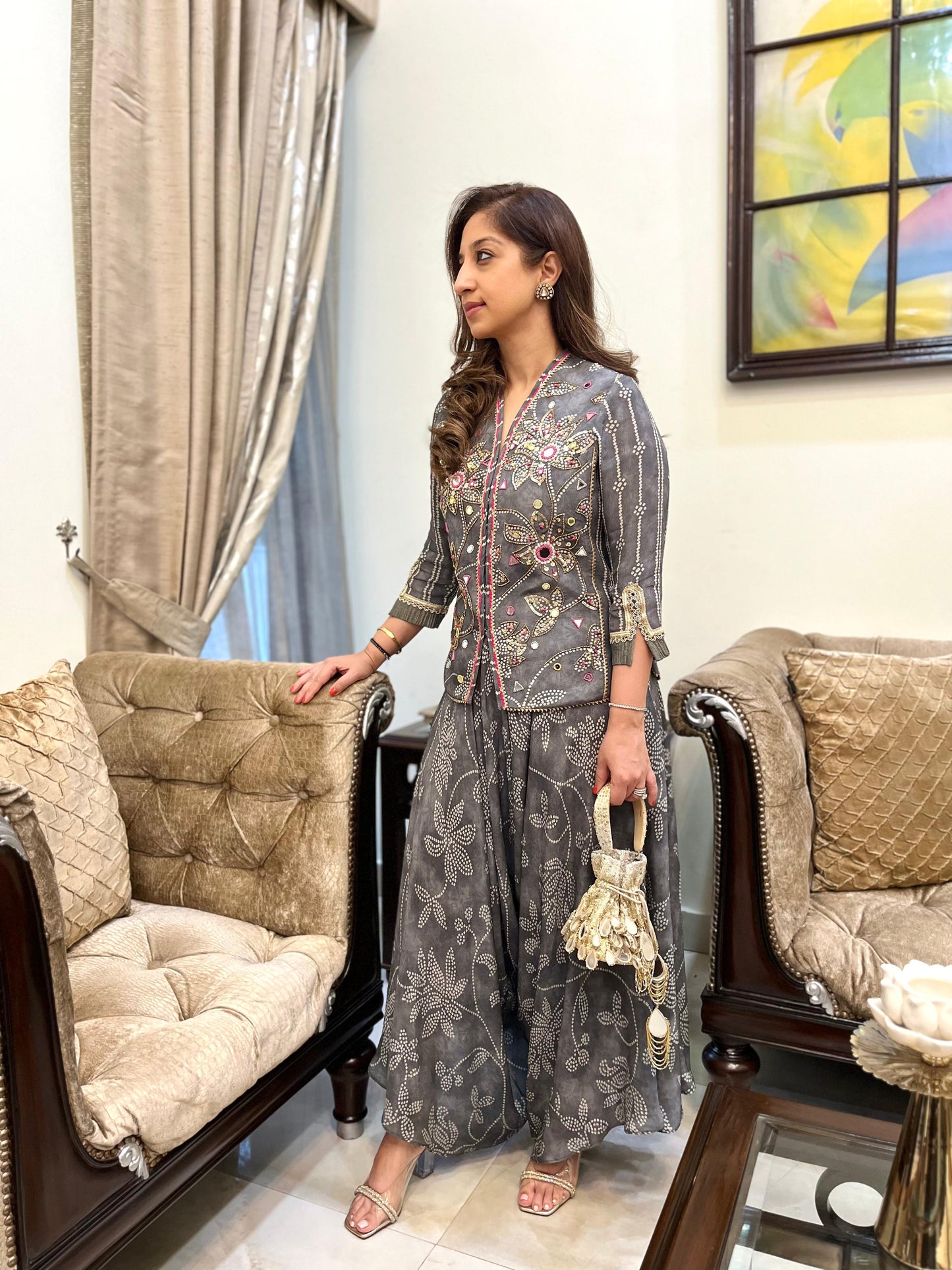 Grey floral bandhini top with stylised drape pants