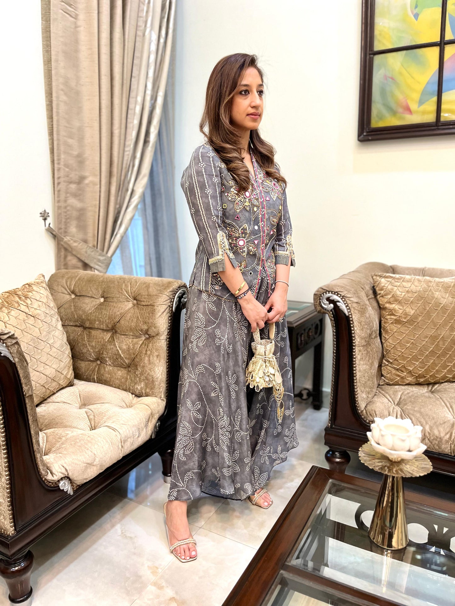 Grey floral bandhini top with stylised drape pants