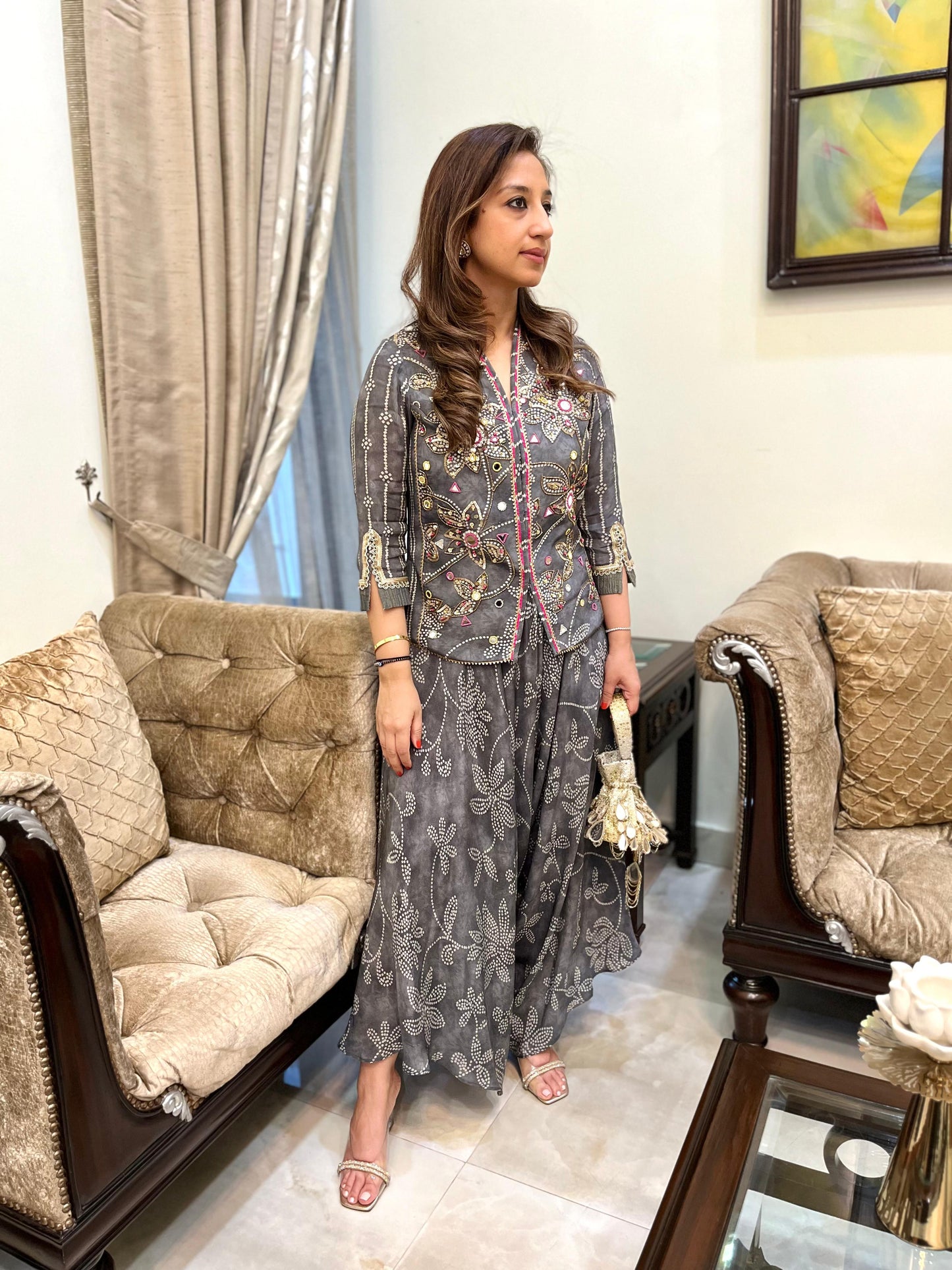Grey floral bandhini top with stylised drape pants
