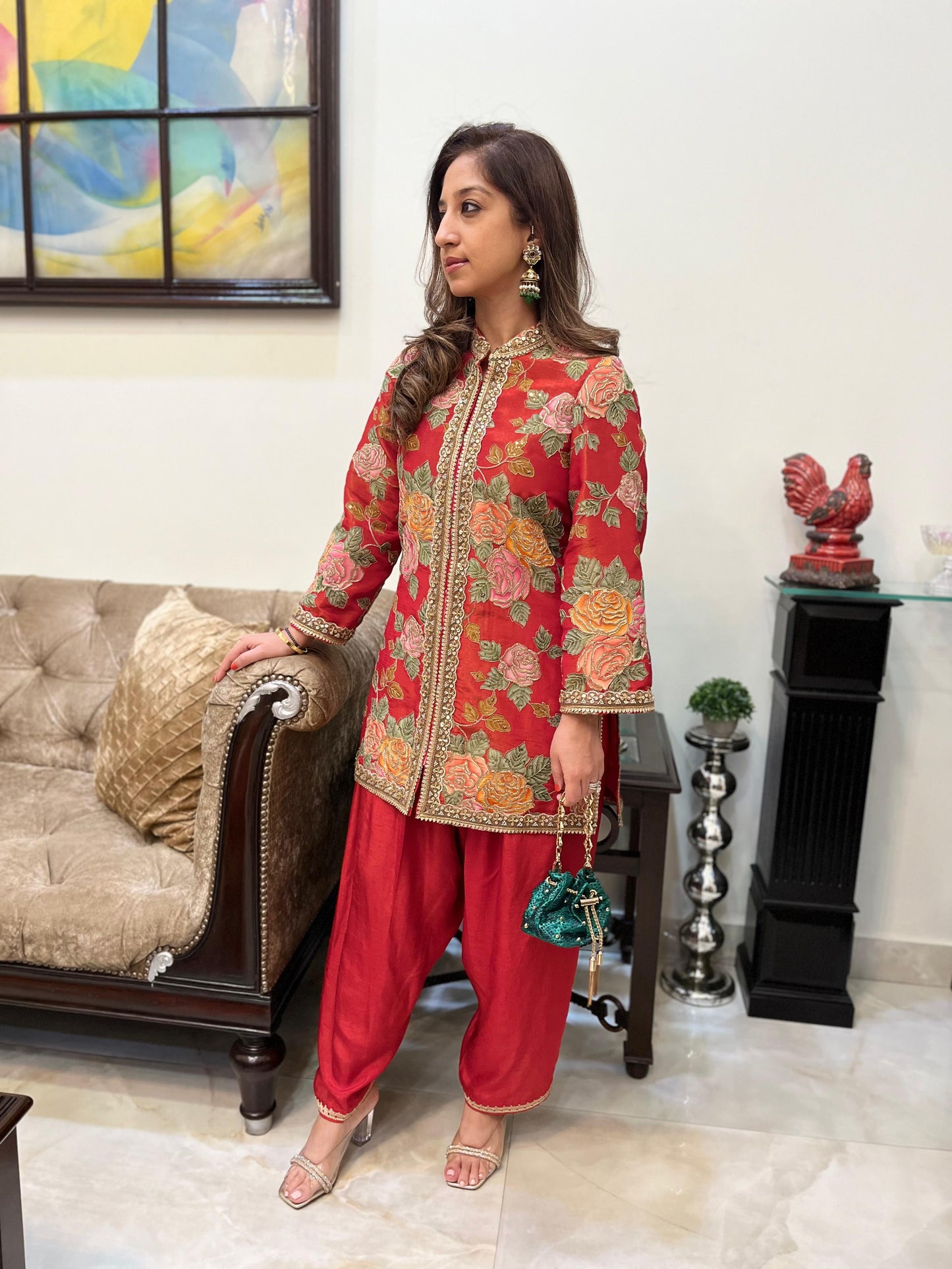 Floral orange tissue jacket style kurta