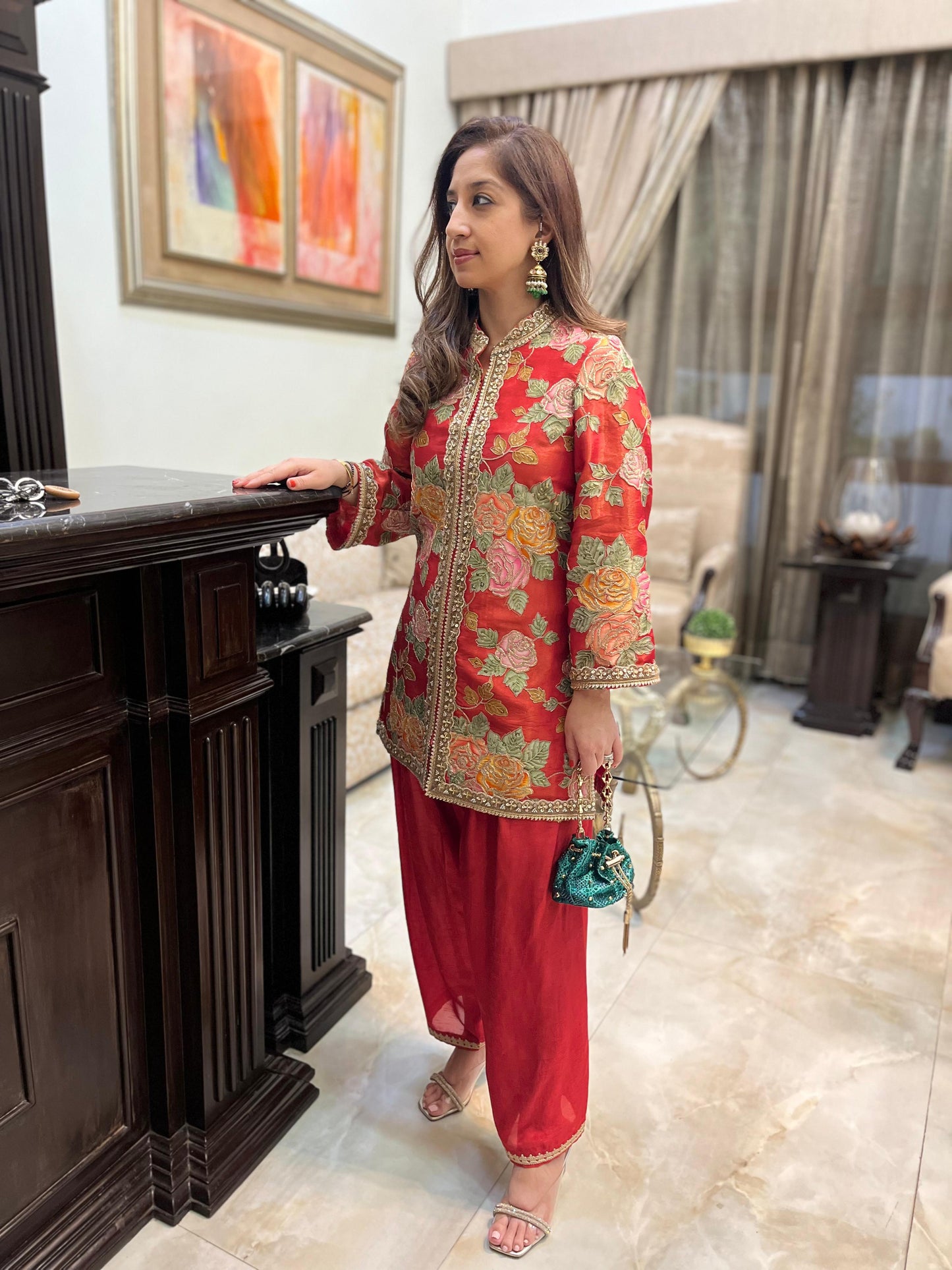 Floral orange tissue jacket style kurta