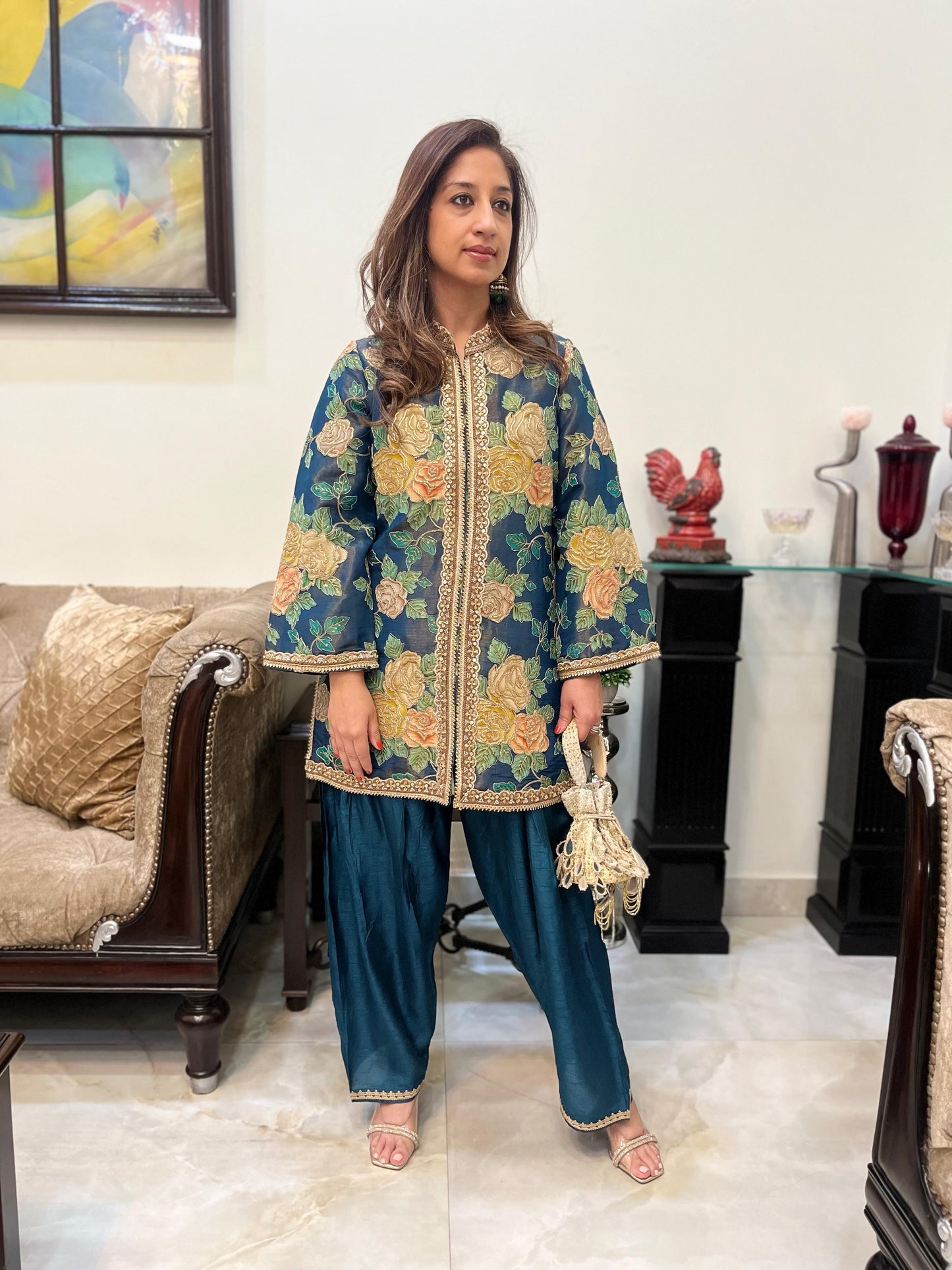 Floral teal blue tissue jacket style kurta with ankle length salwar