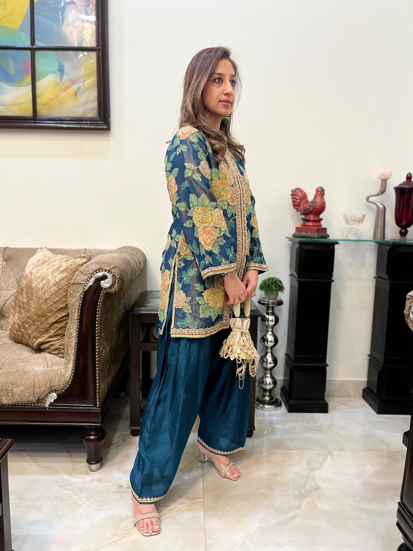 Floral teal blue tissue jacket style kurta with ankle length salwar