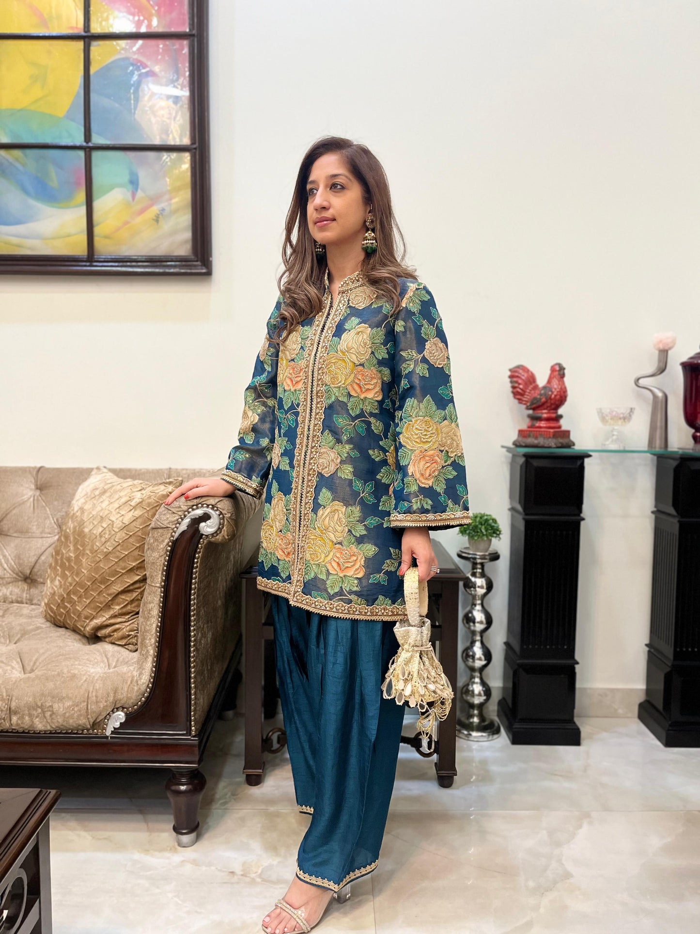 Floral teal blue tissue jacket style kurta with ankle length salwar
