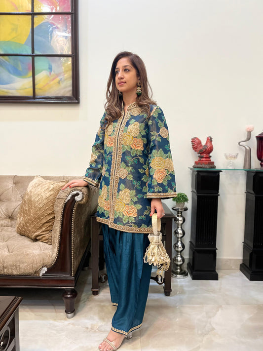 Floral teal blue tissue jacket style kurta with ankle length salwar