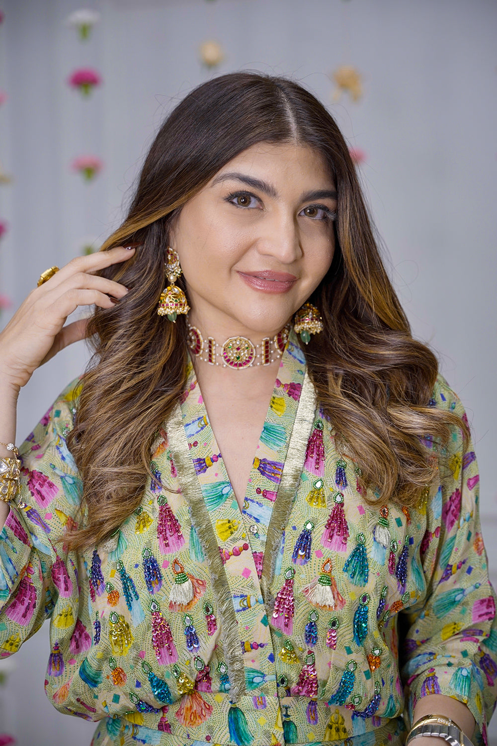 Green Ikat Print Drape Dress