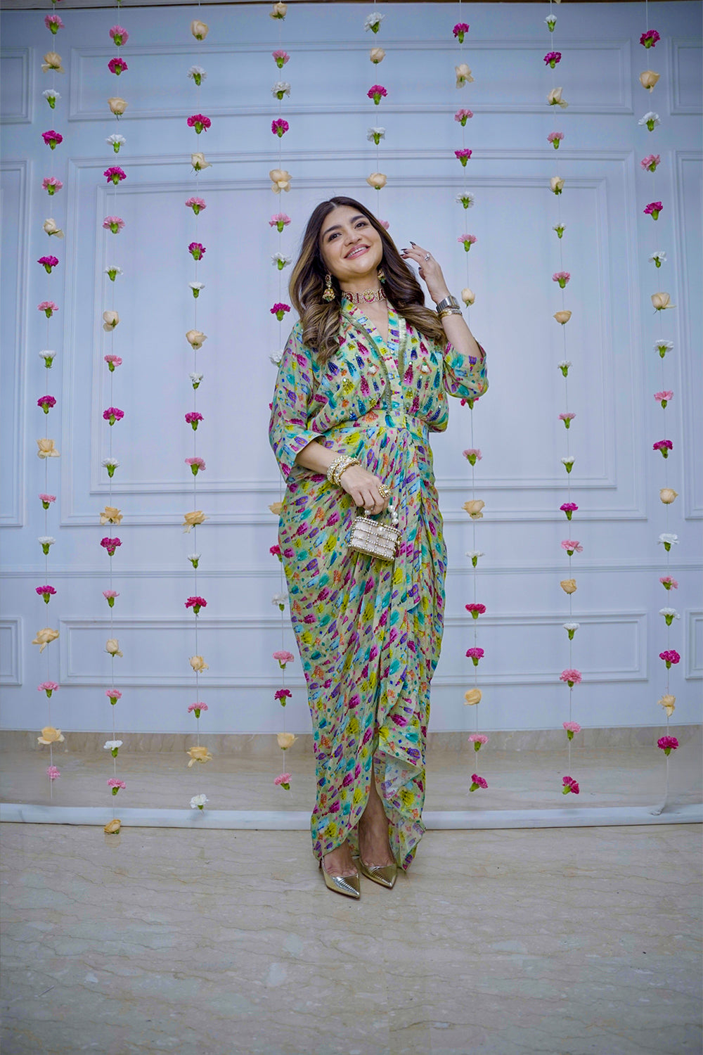 Green Ikat Print Drape Dress