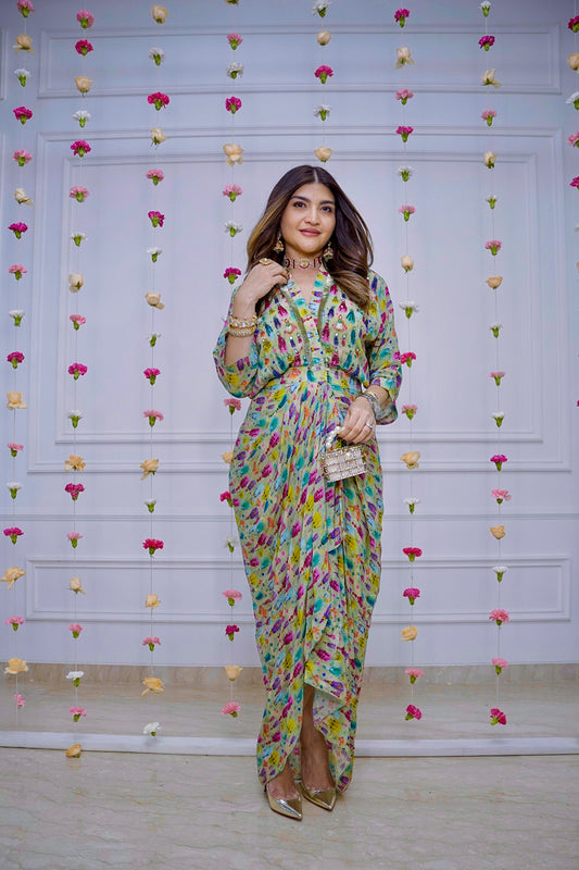 Green Ikat Print Drape Dress