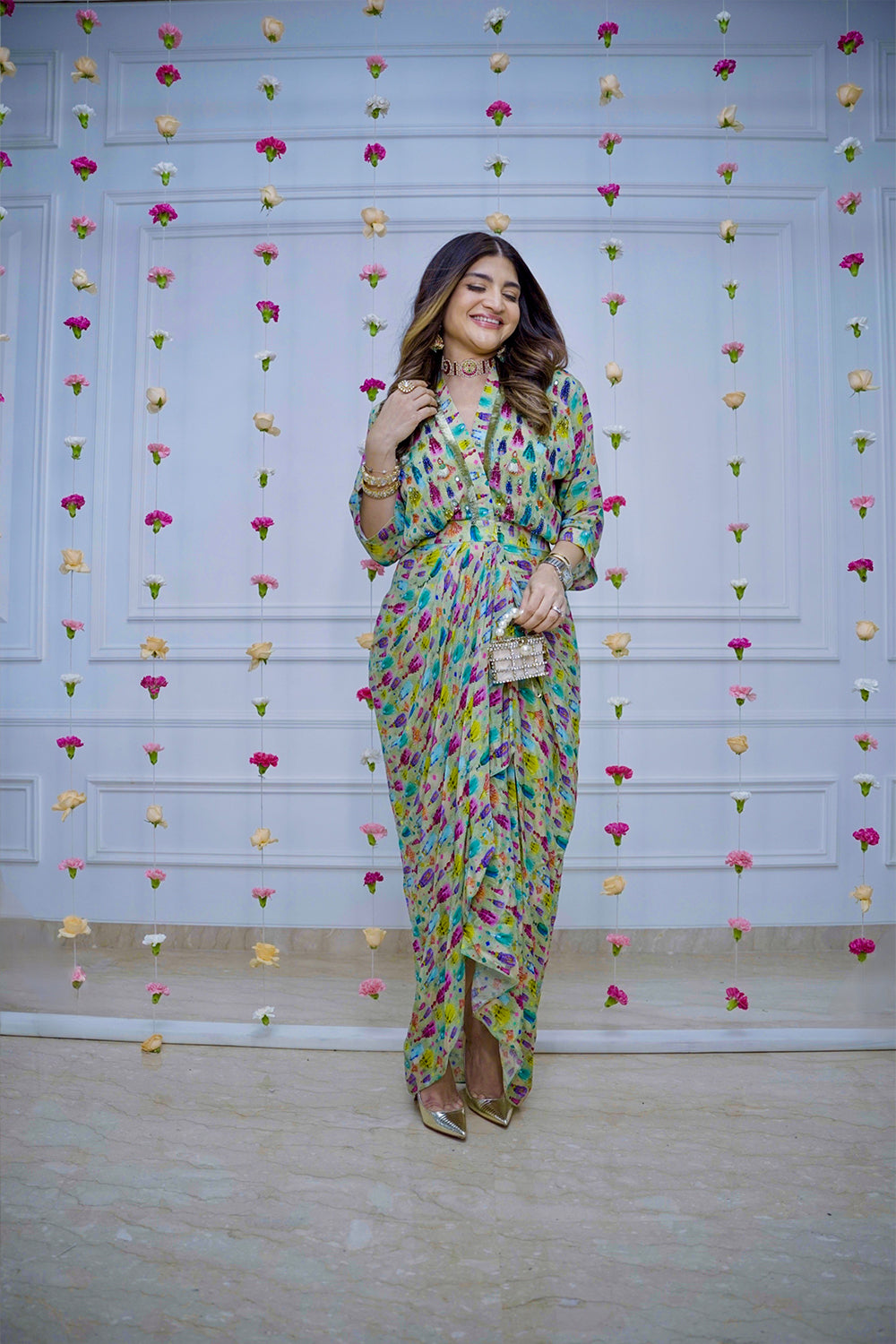 Green Ikat Print Drape Dress