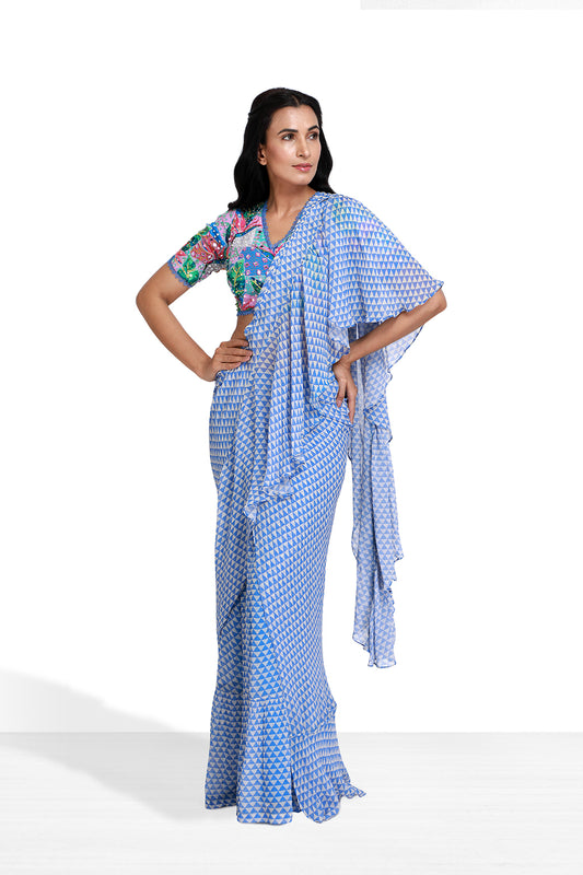 Blue Pre Draped Saree - Set of 2