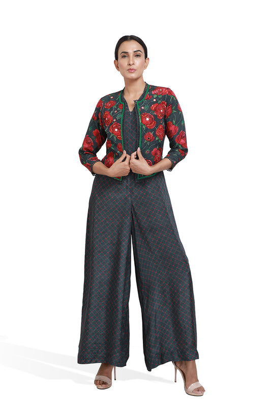 Black And Rose Print Jumpsuit With Jacket - Set of 2