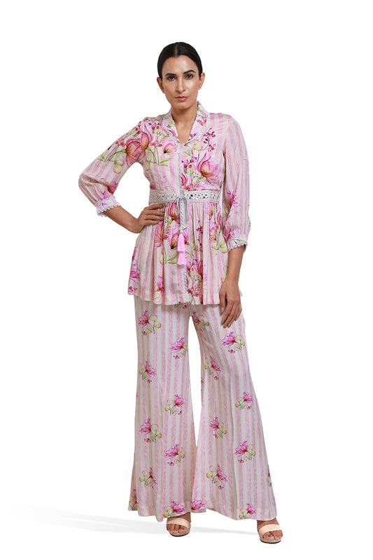 Pink And White Floral Print Co-ord Set With Belt - Set of 2