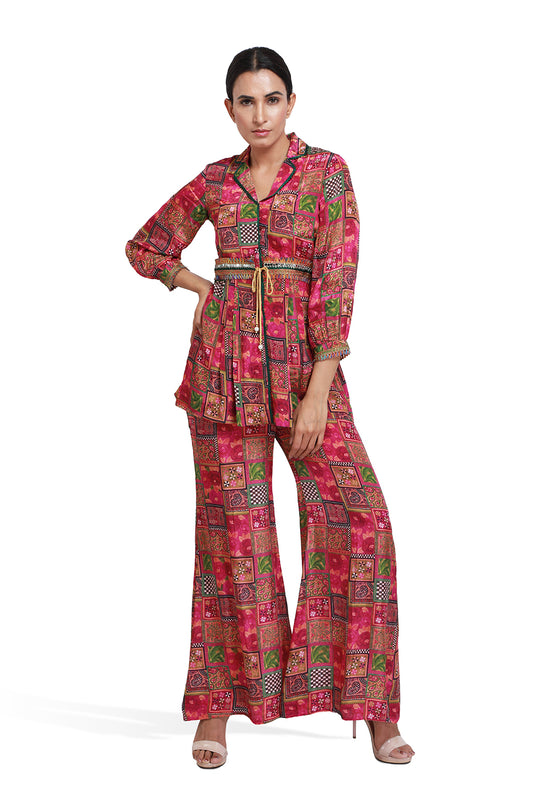 Majenta Square Print Co-ord Set With Belt - Set of 2