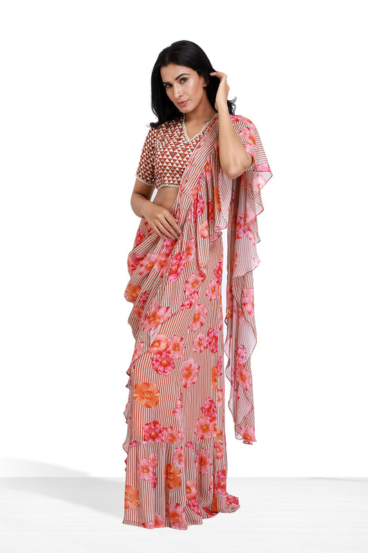 Caramel Pre Draped Saree - Set of 2