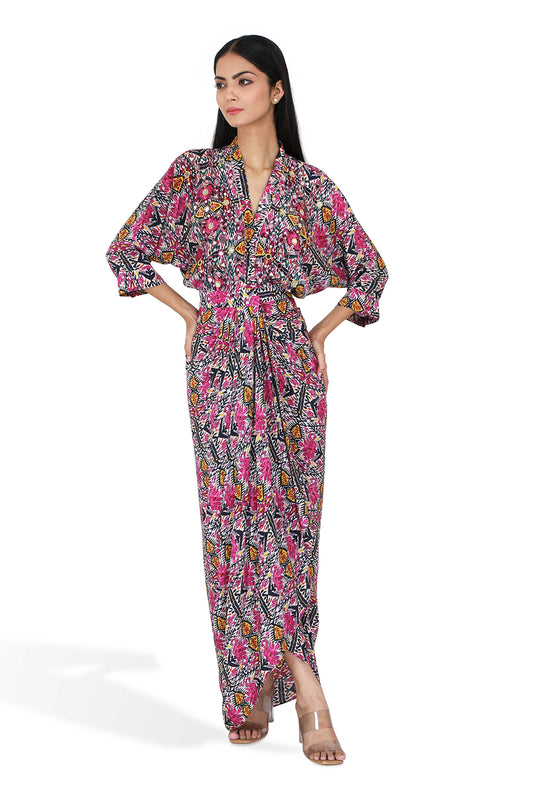 Majenta And Black Ikat Print Drape Dress