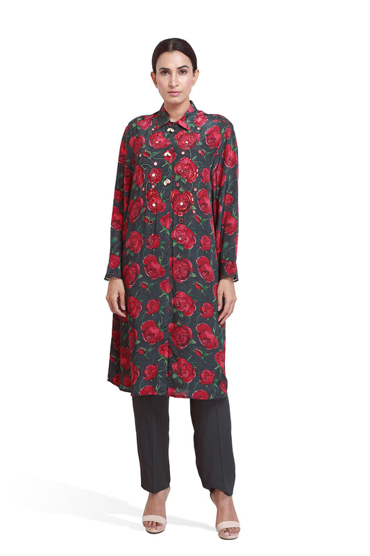 Black And Rose Print Long Kurta Set - Set of 2