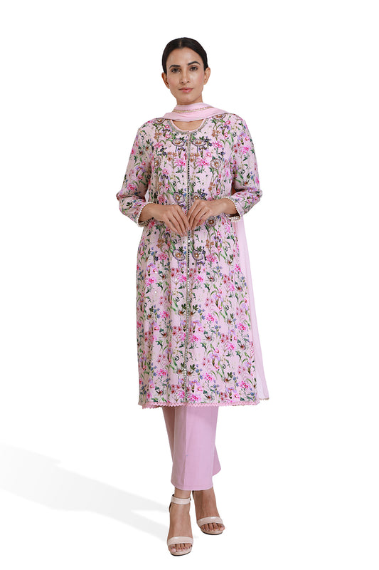 Pink Floral Print Long Kurta Set - Set of 2