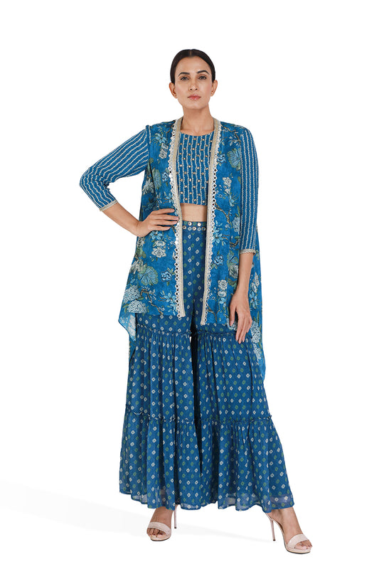 Blue Floral Cape With Crop Top & Sharara Pants - Set of 3