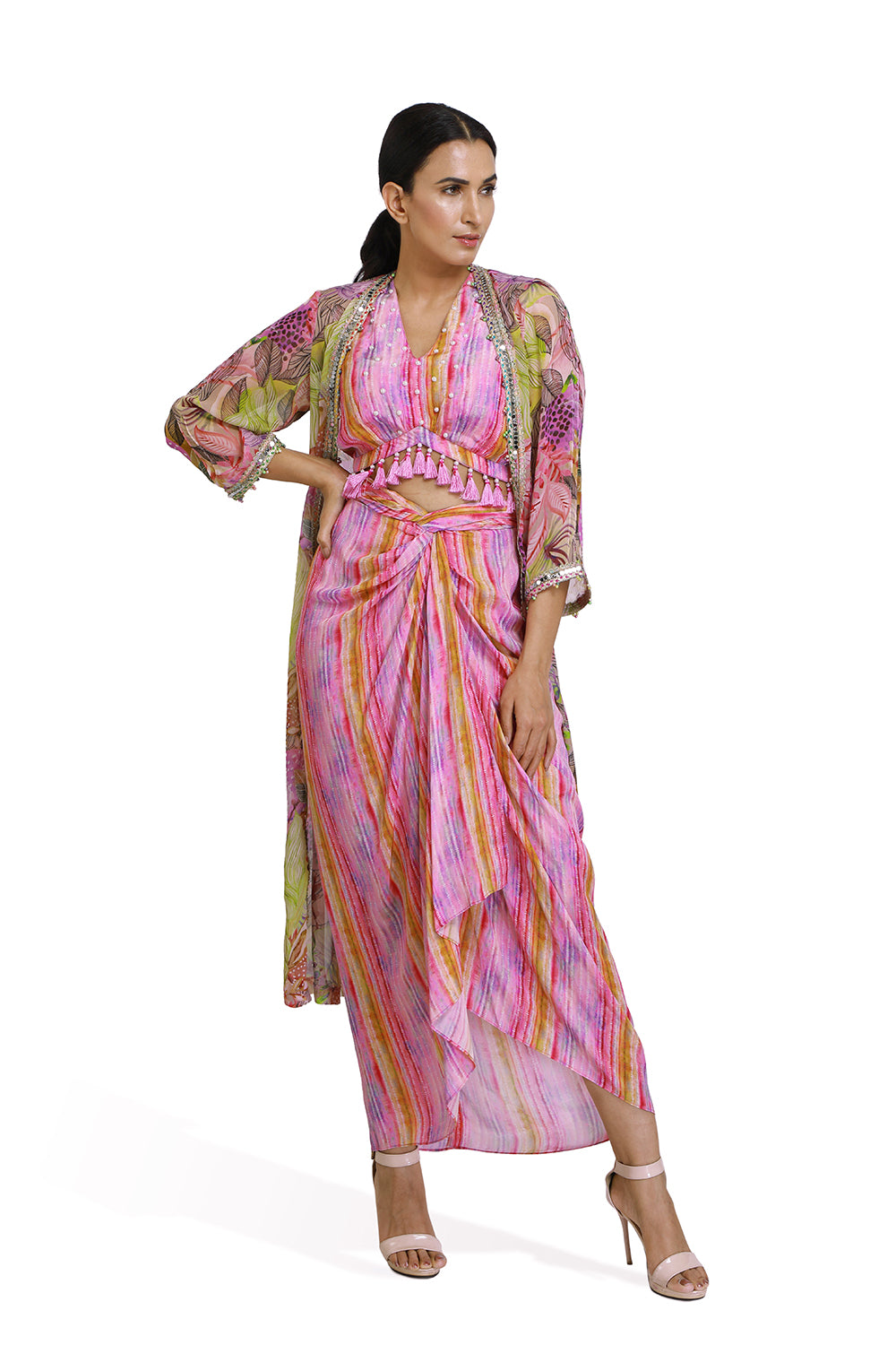 Floral Cape With Crop Top & Drape Skirt - Set of 3