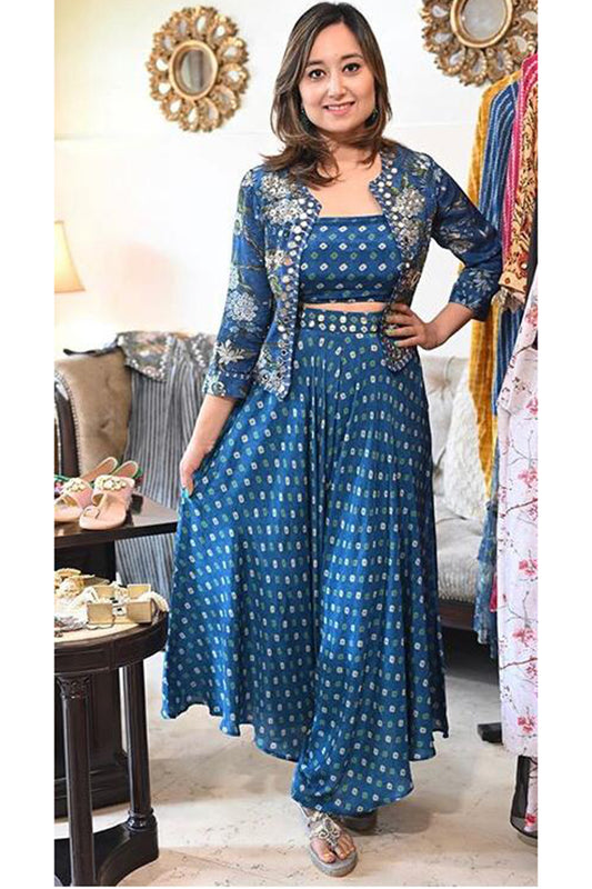 Blue Bandhini Bustier And Pants With Jacket - Set of 3