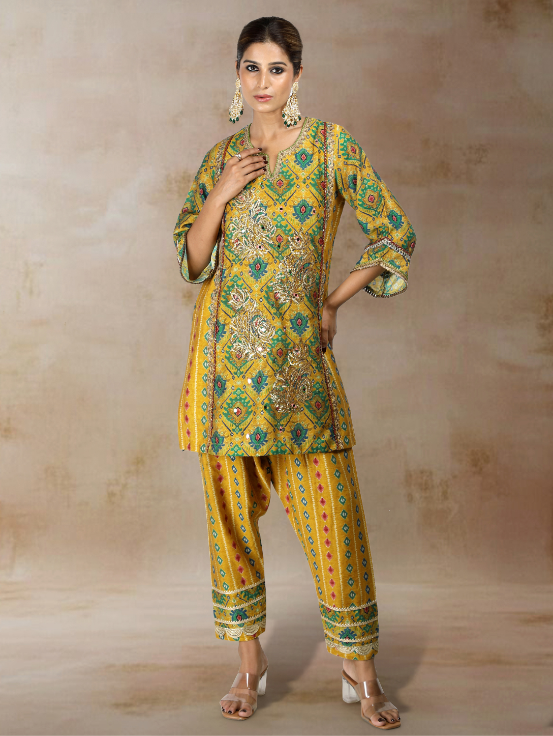 Sorai Ikat Bandhini Kurta Set in Ochre