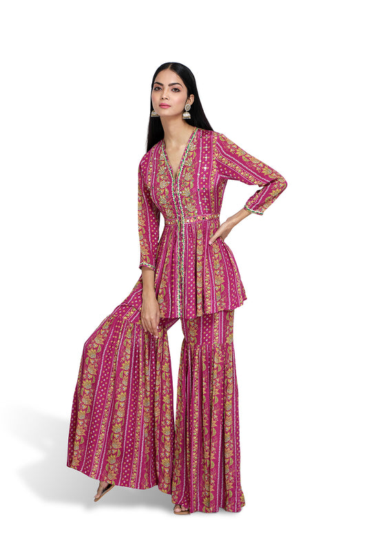 Magenta Short Peplum Kurta With Sharara - Set of 2