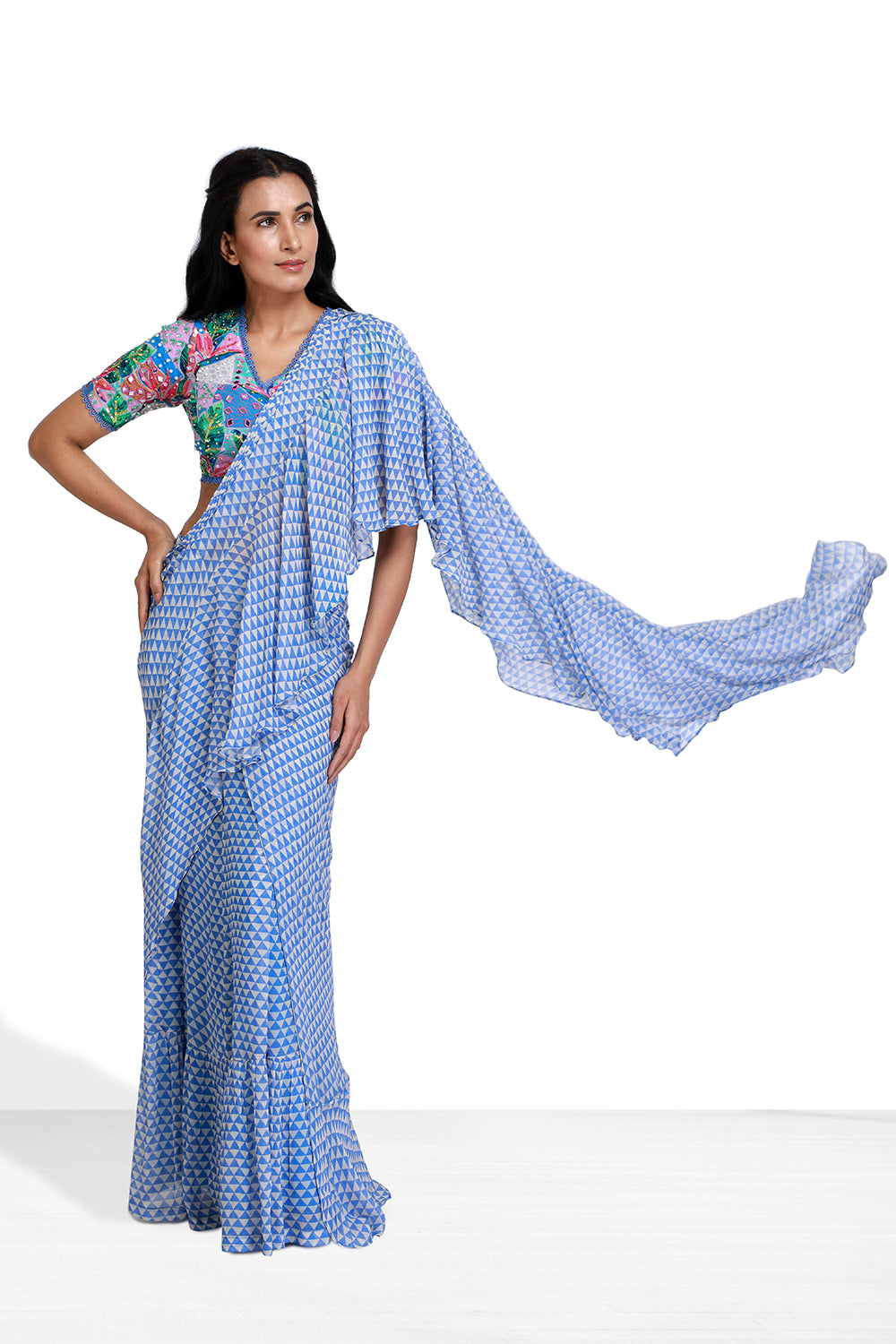 Blue Pre Draped Saree - Set of 2