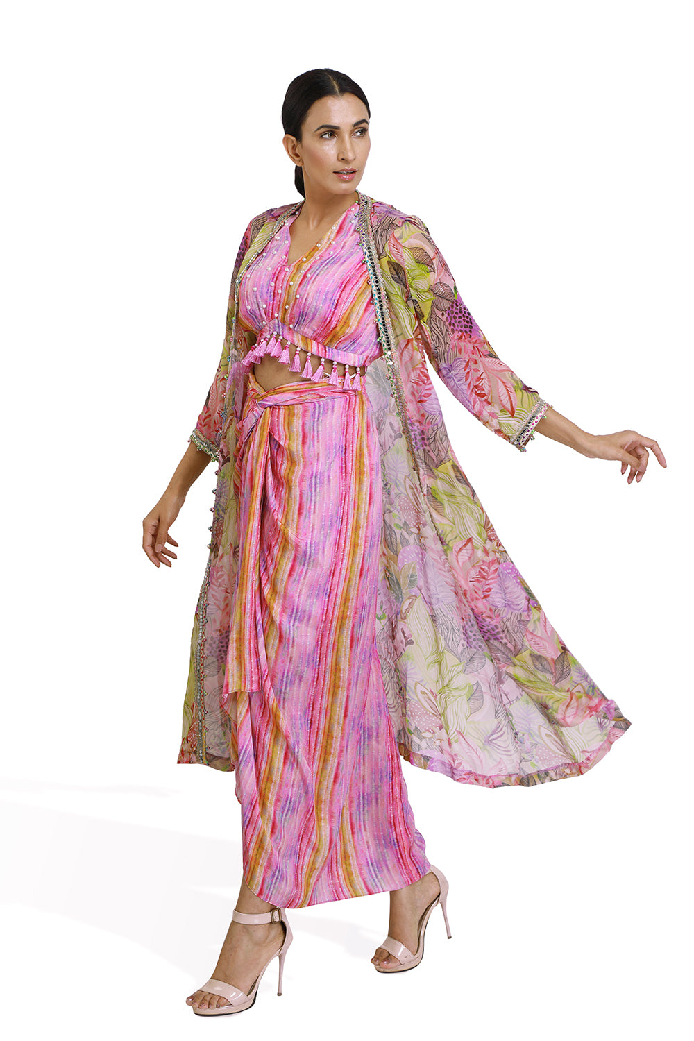 Floral Cape With Crop Top & Drape Skirt - Set of 3
