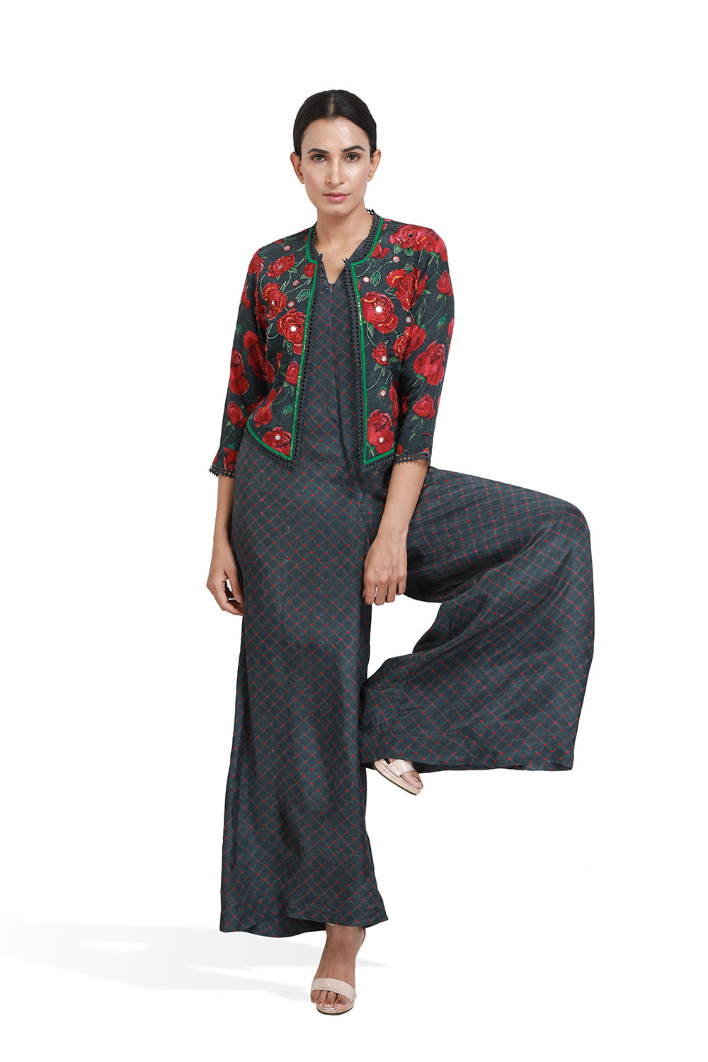 Black And Rose Print Jumpsuit With Jacket - Set of 2