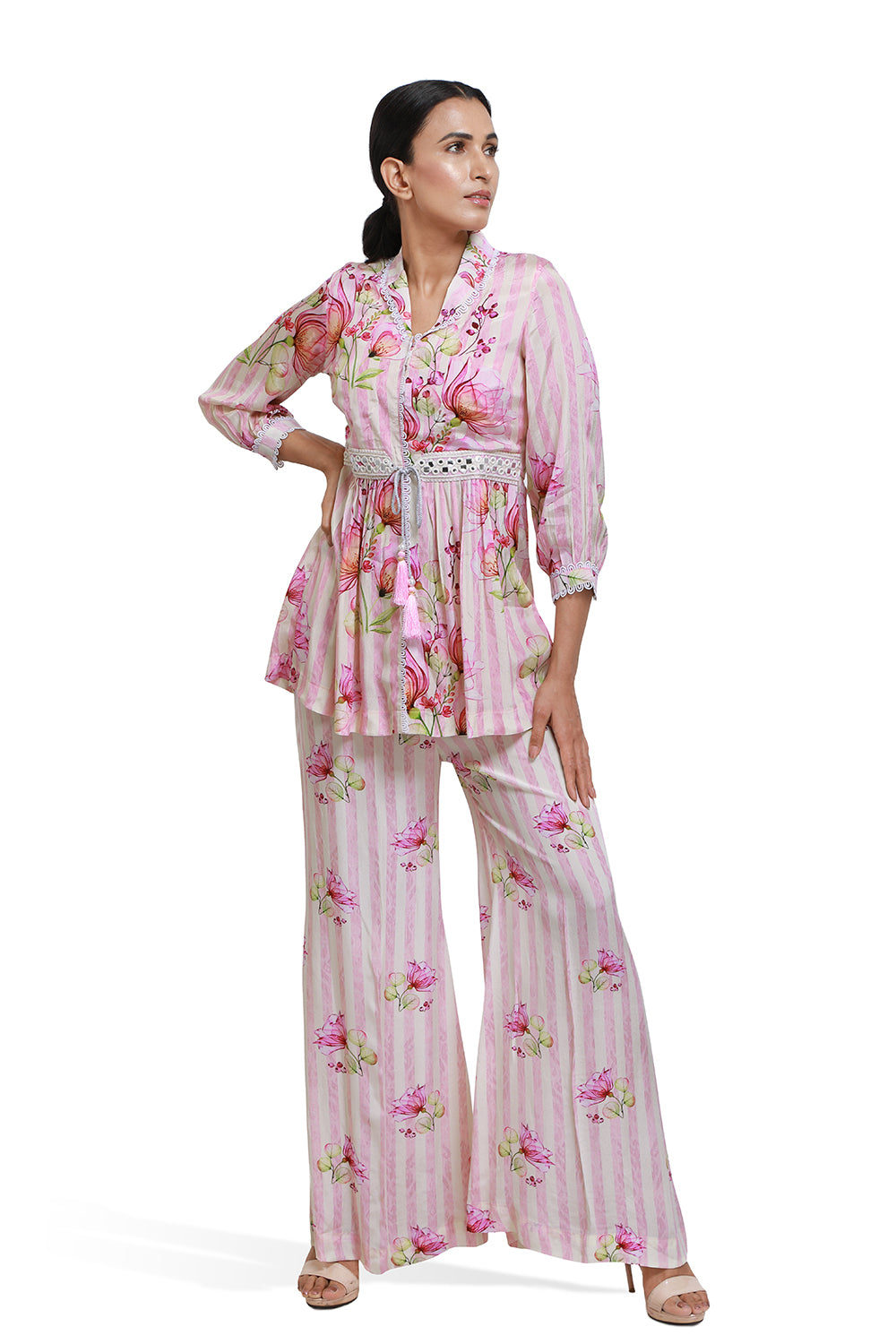 Pink And White Floral Print Co-ord Set With Belt - Set of 2