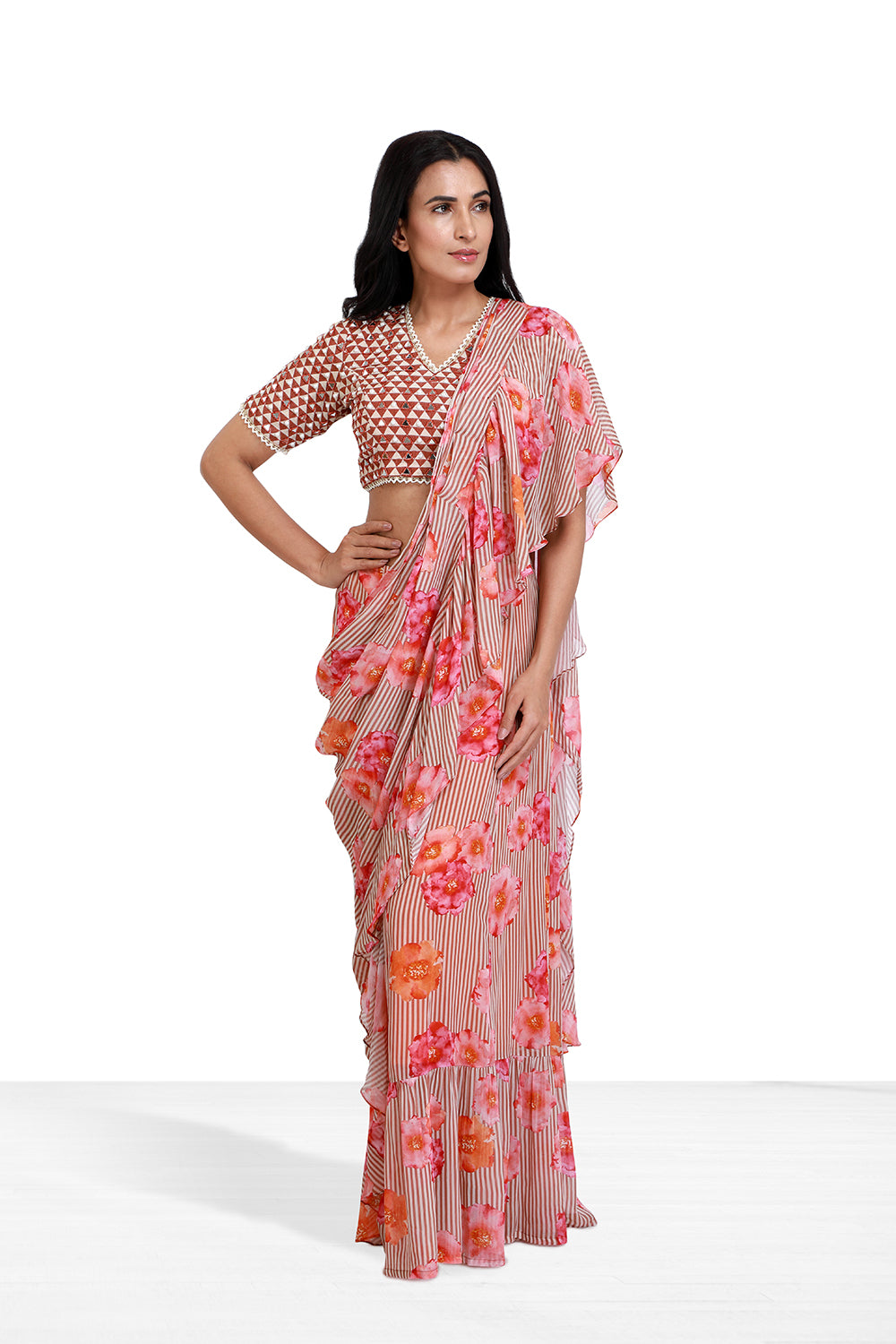 Caramel Pre Draped Saree - Set of 2