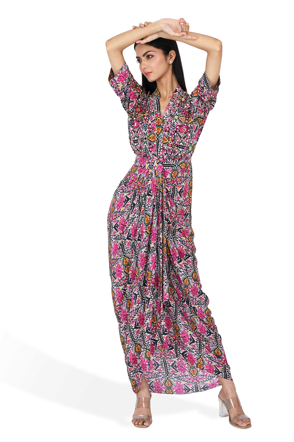 Majenta And Black Ikat Print Drape Dress