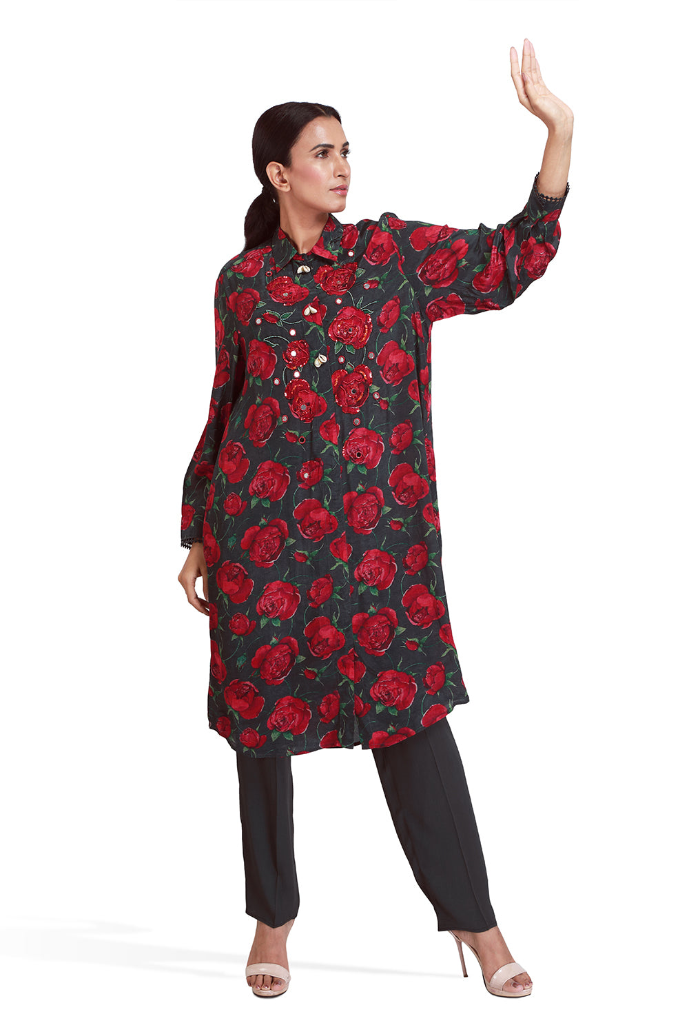 Black And Rose Print Long Kurta Set - Set of 2