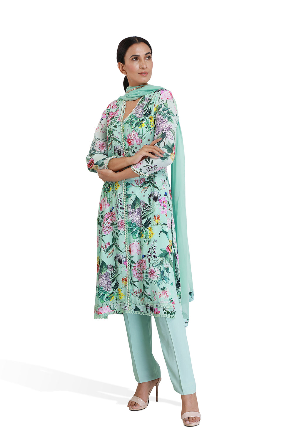 Turqoise Floral Print Long Kurta Set - Set of 2