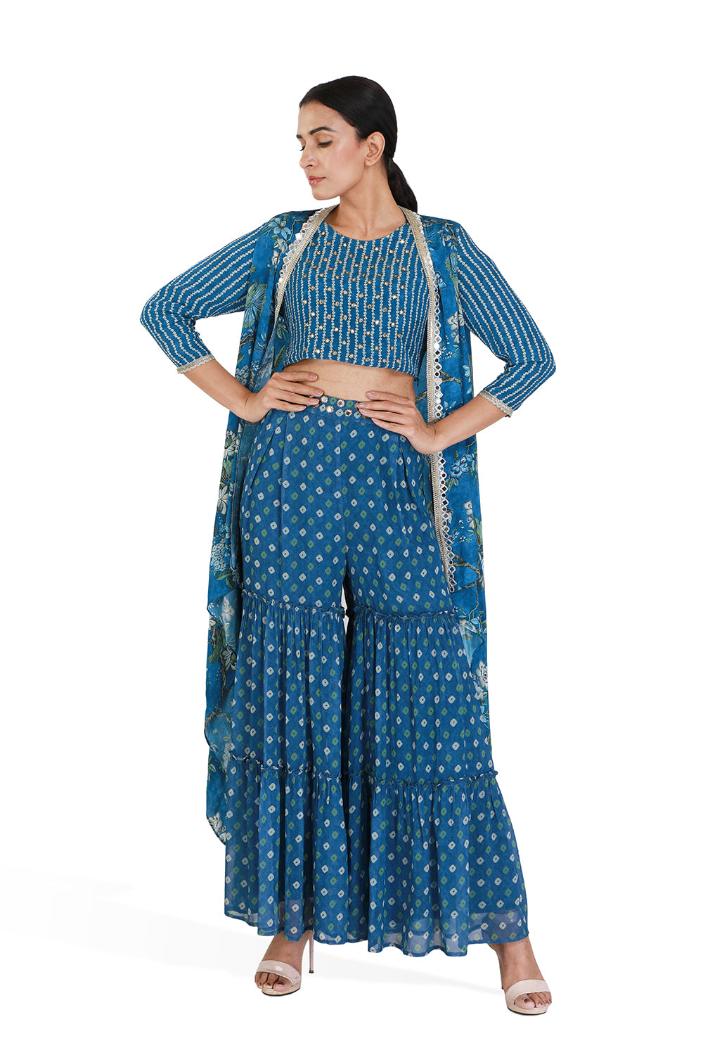 Blue Floral Cape With Crop Top & Sharara Pants - Set of 3