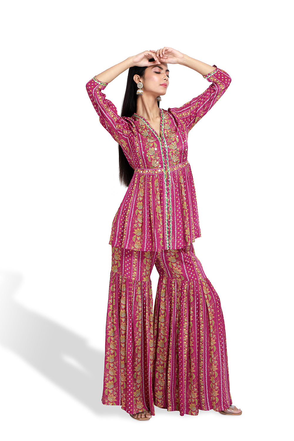Magenta Short Peplum Kurta With Sharara - Set of 2