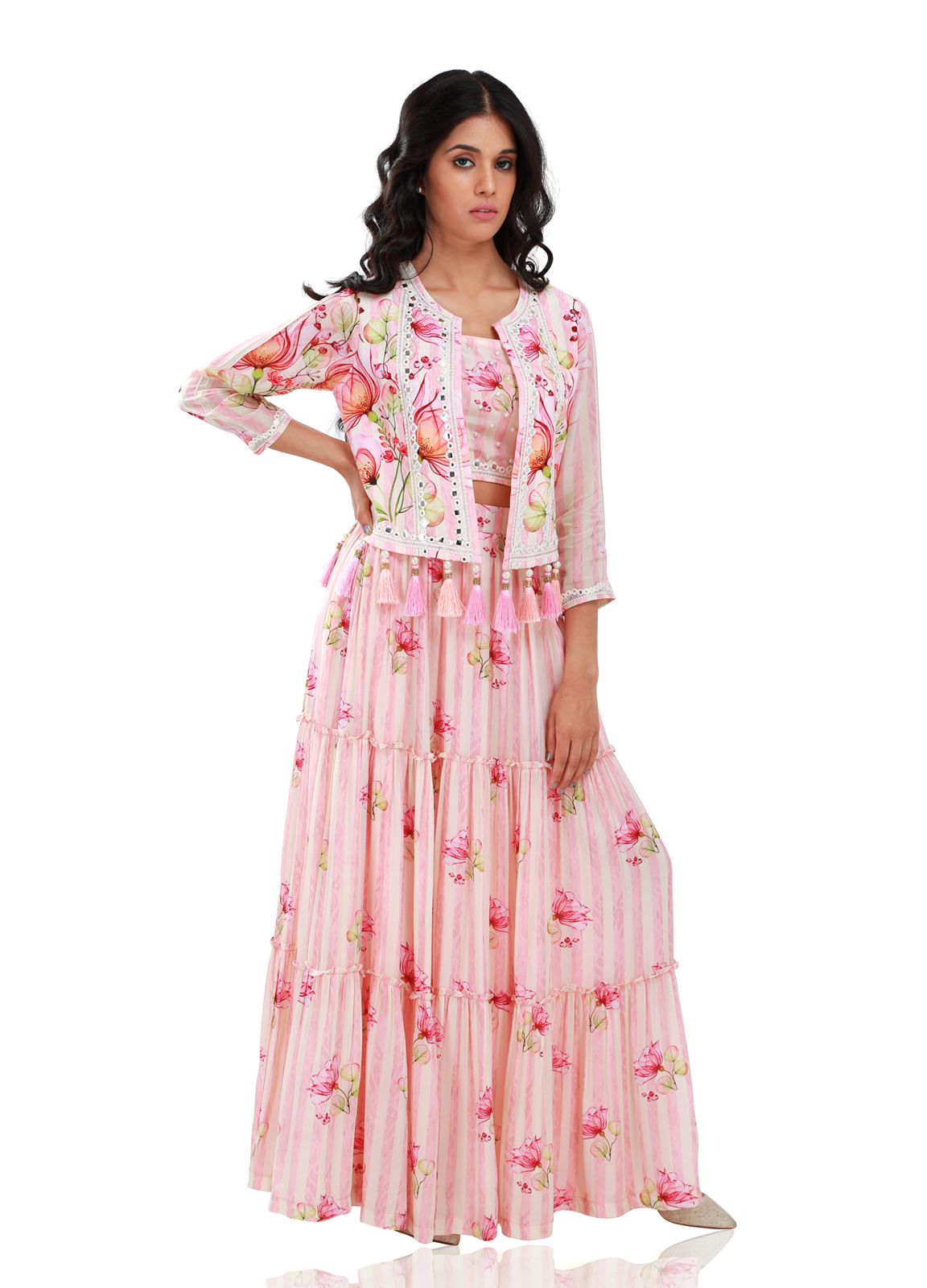 Pink And White Stripe Bustier And Skirt Set With Jacket - Set of 3