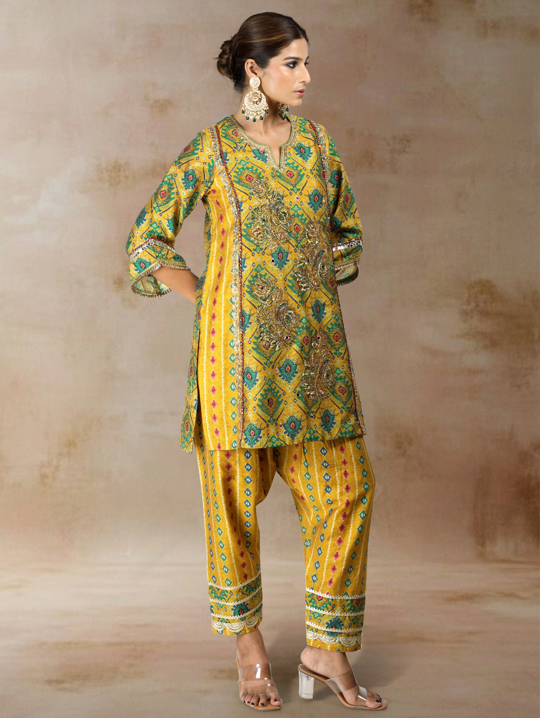Sorai Ikat Bandhini Kurta Set in Ochre