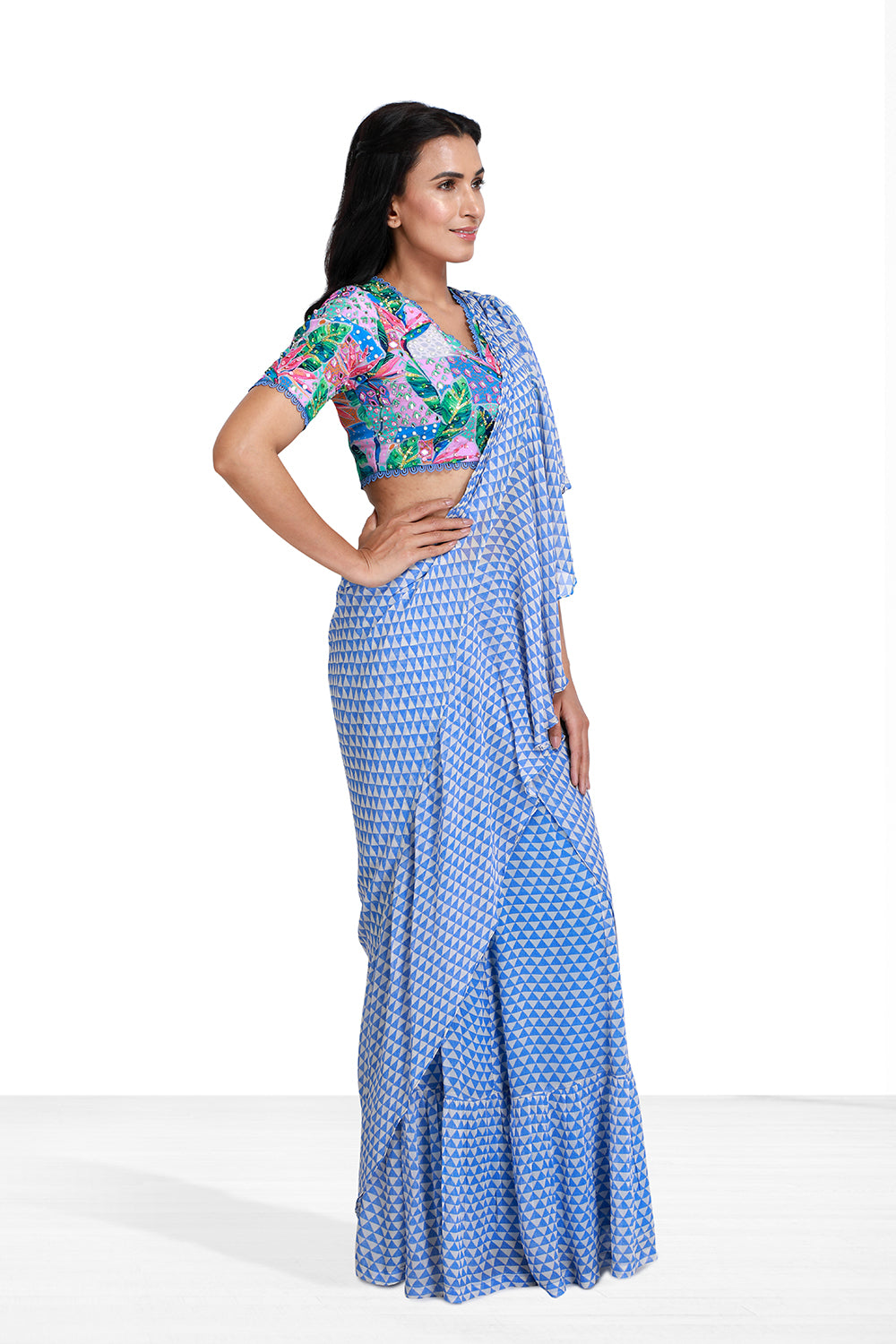 Blue Pre Draped Saree - Set of 2