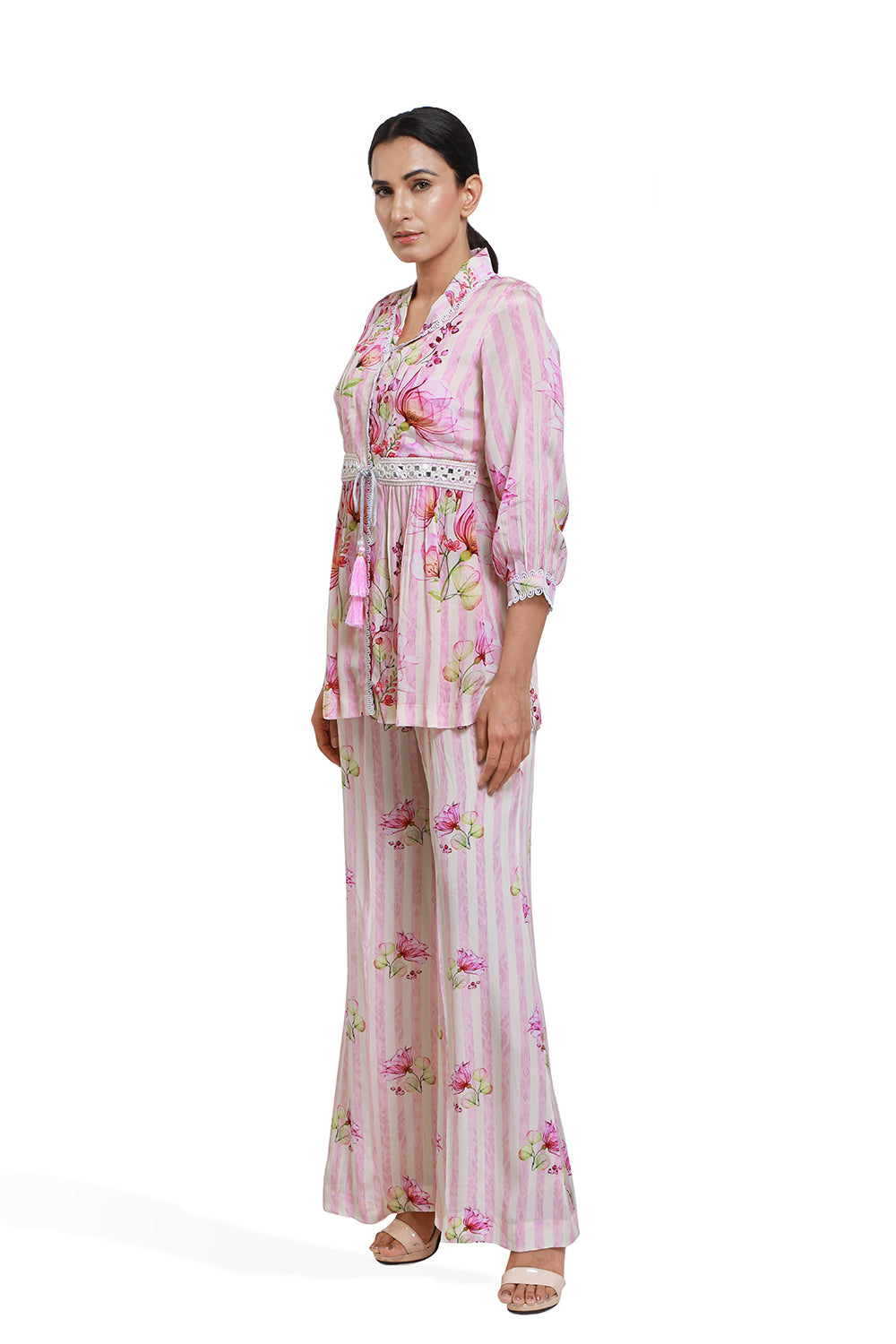 Pink And White Floral Print Co-ord Set With Belt - Set of 2
