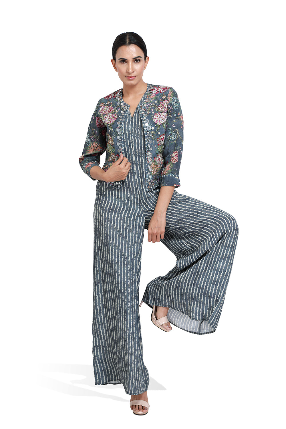 Grey Bandhini Jacket Jumpsuit - Set of 2