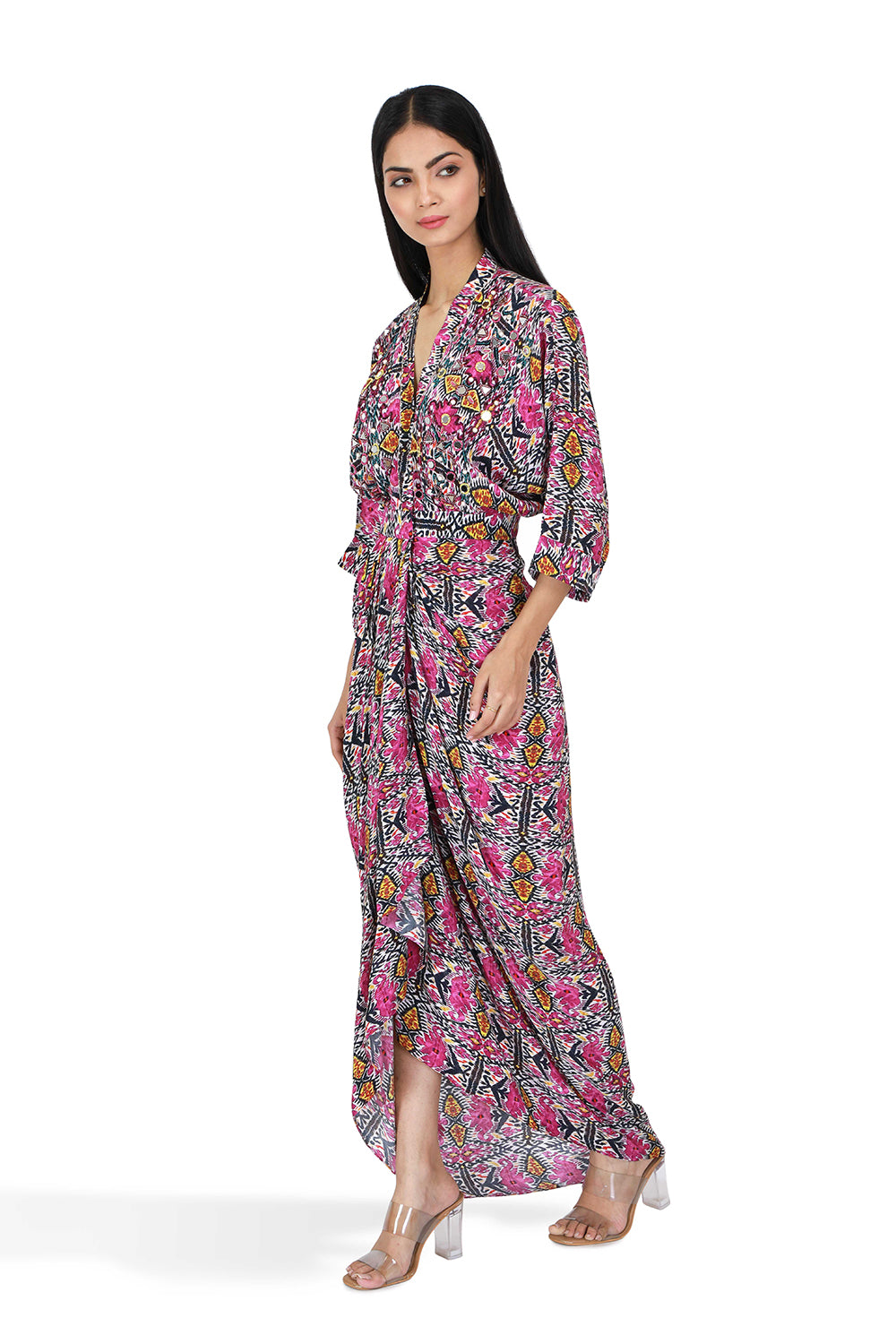 Majenta And Black Ikat Print Drape Dress