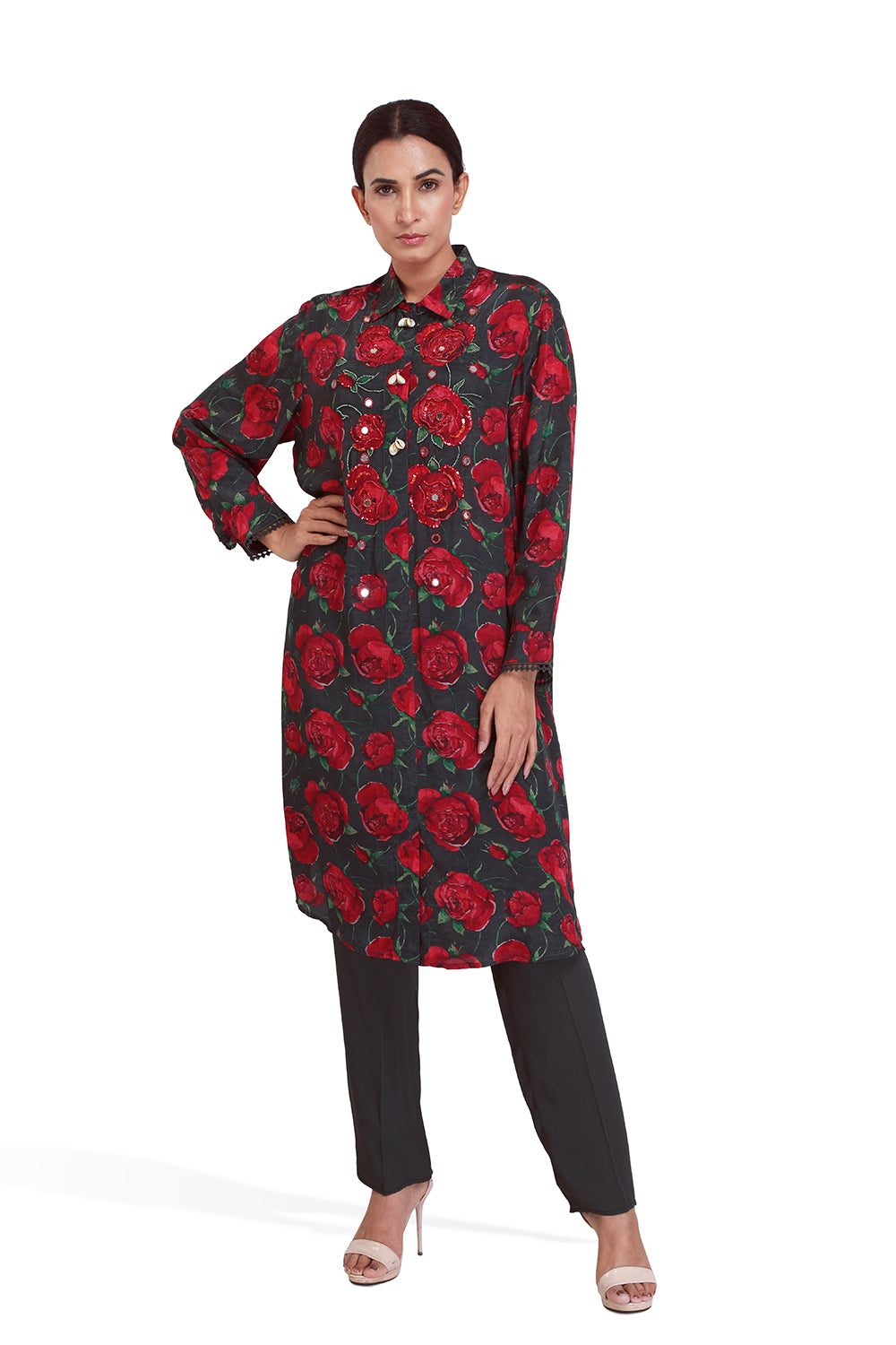Black And Rose Print Long Kurta Set - Set of 2