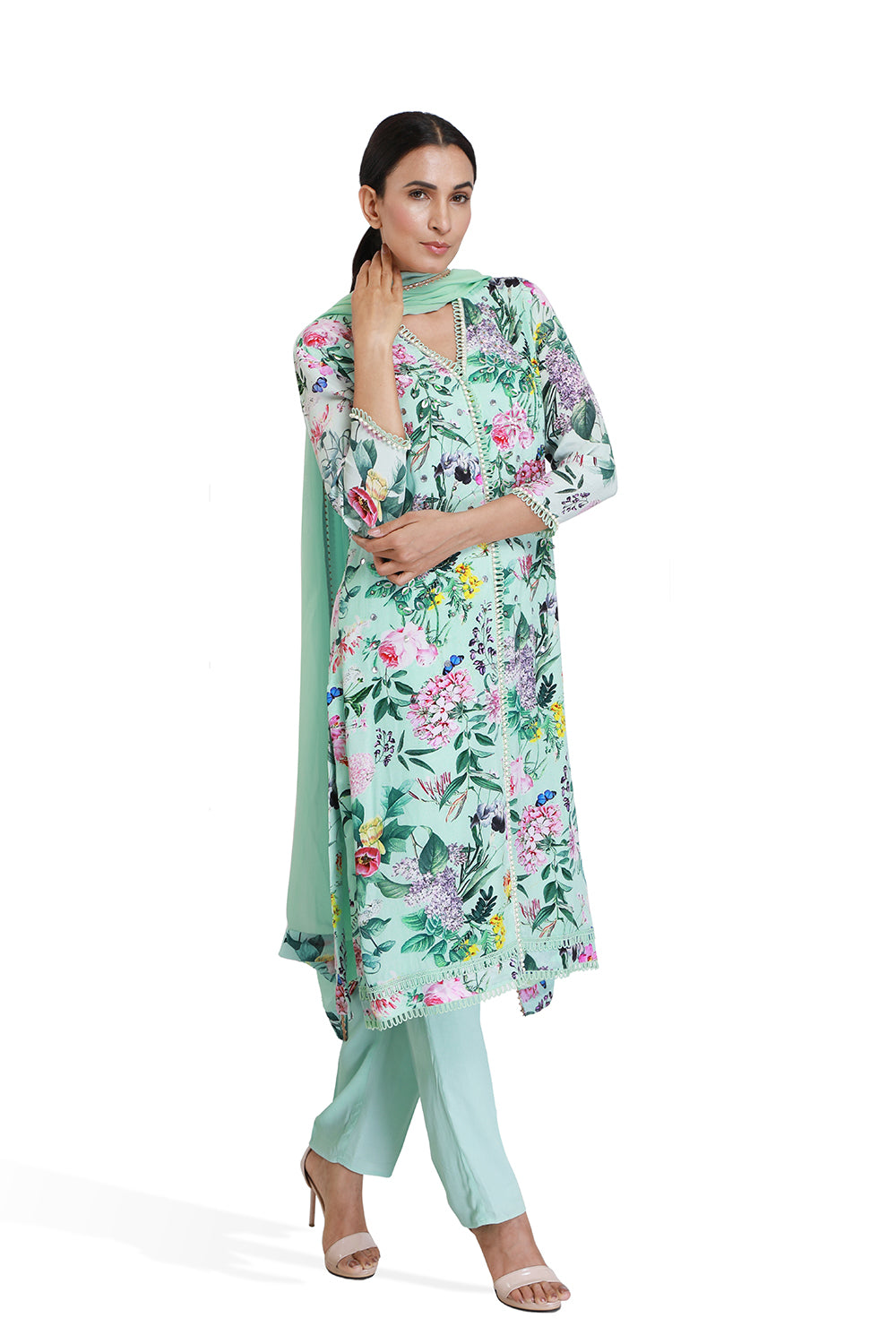 Turqoise Floral Print Long Kurta Set - Set of 2