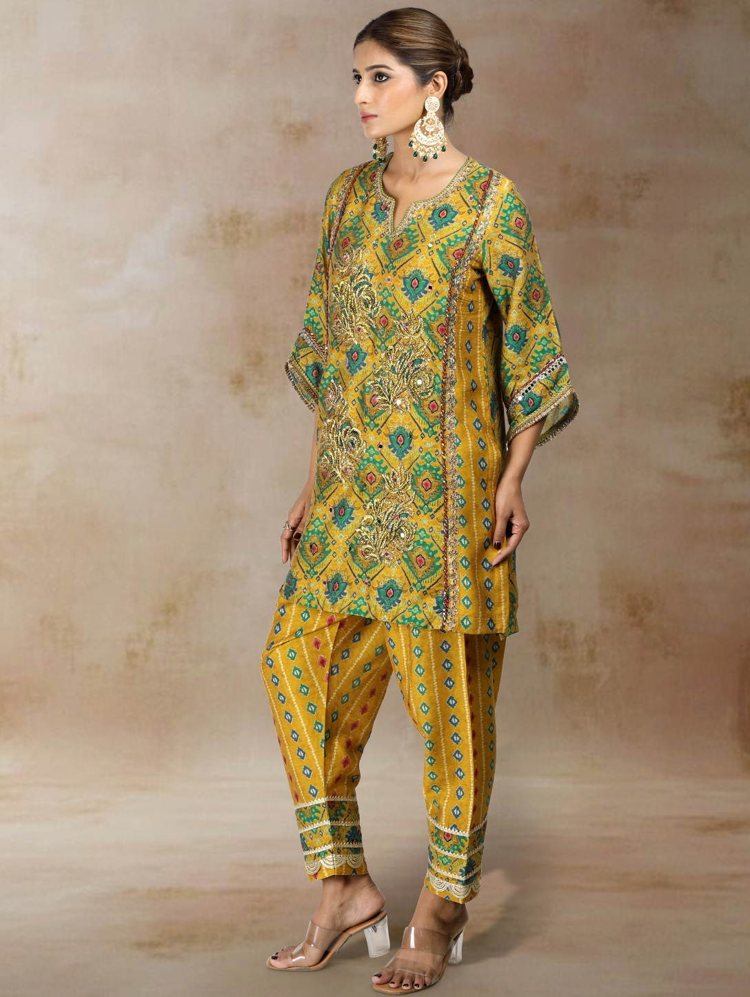 Sorai Ikat Bandhini Kurta Set in Ochre