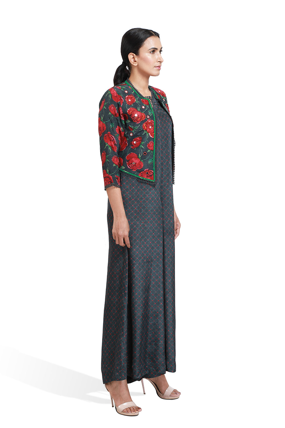 Black And Rose Print Jumpsuit With Jacket - Set of 2
