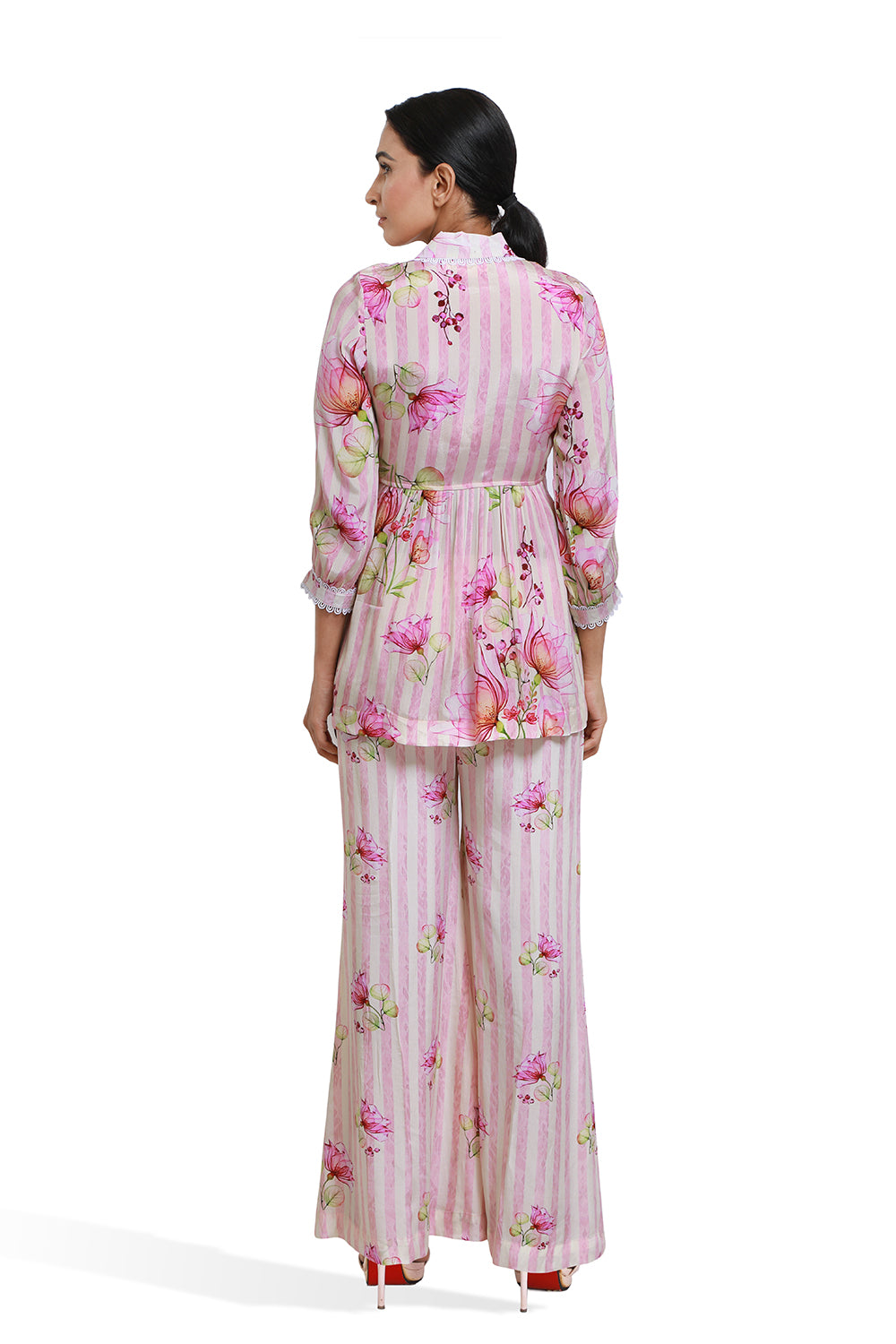 Pink And White Floral Print Co-ord Set With Belt - Set of 2